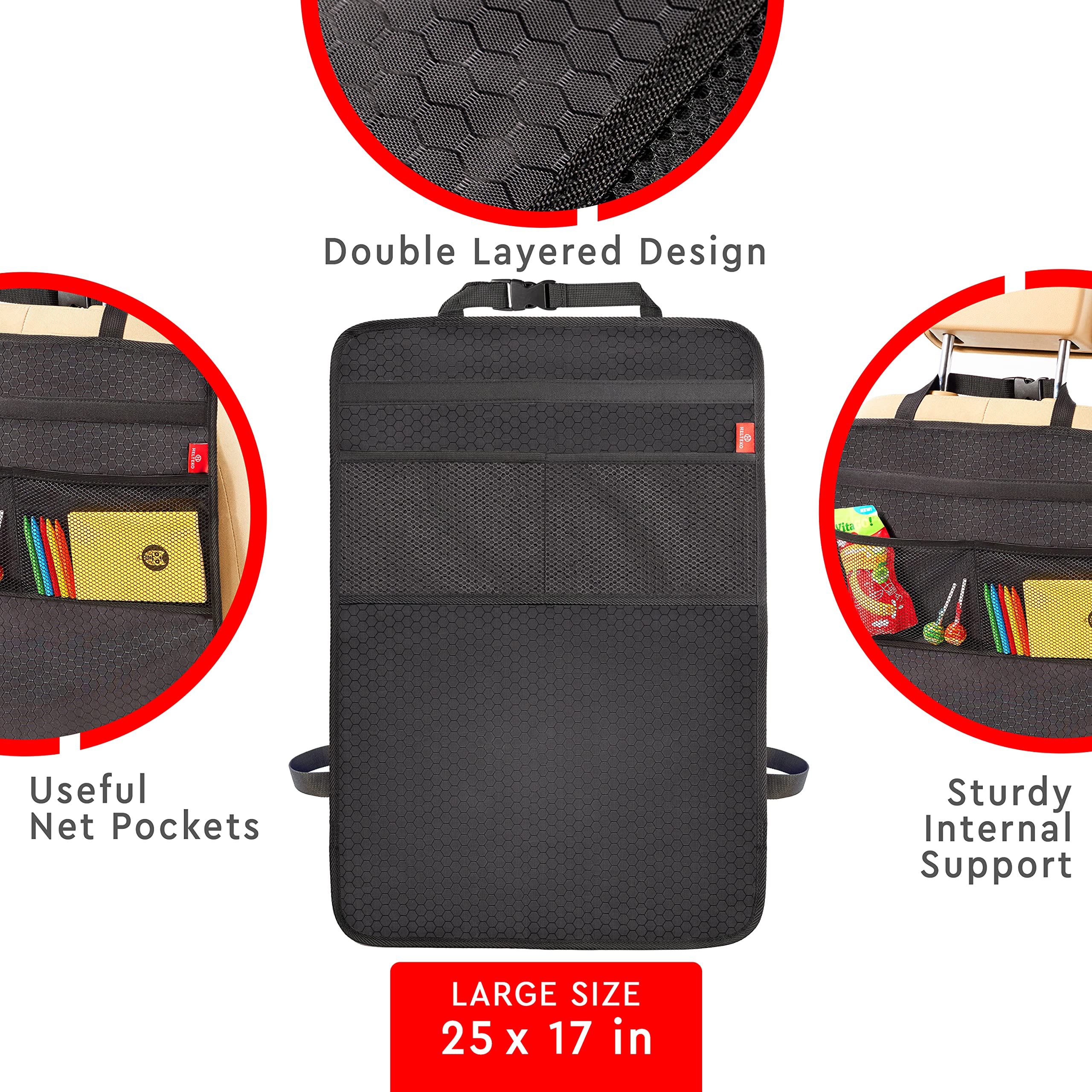 Helteko 2 Pack Premium Car Back Seat Protector - Extra Large Waterproof Kick Mats for Kids, Dirt & Mud Protection with Mesh Pockets - Ideal for Family Travel, Road Trips & Daily Commute