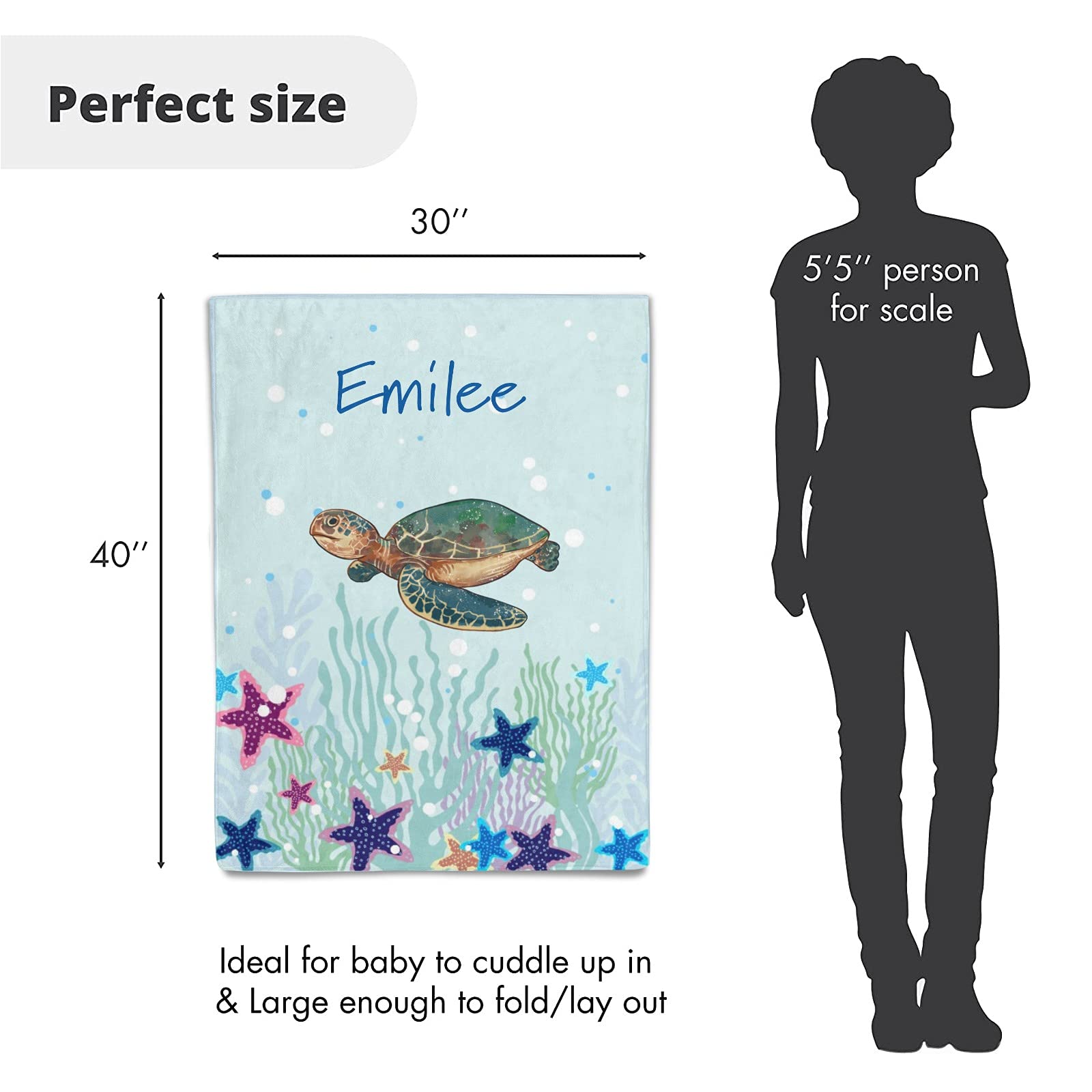 Personalized Baby Fleece Blanket with Custom Name - Super Soft 30x40 Inch Sea Turtle Starfish Design Blanket for Boys & Girls - Perfect Baby Shower, Birthday & Wedding Gift for Newborns (Nursery, Photo Props, Travel Blanket)