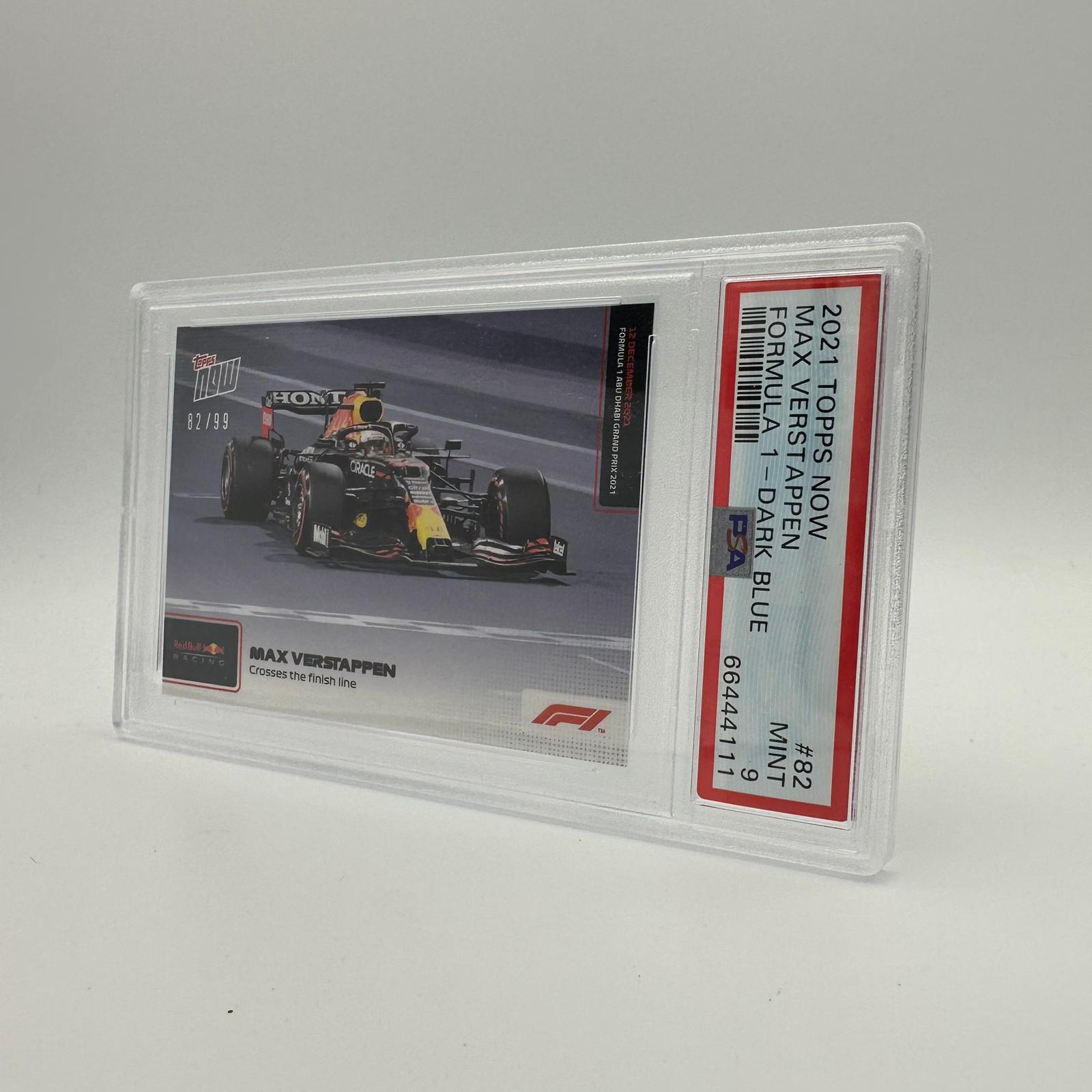 PSA 9 Graded /99 Max Verstappen Crosses The Finish Line #82 - Limited Edition Racing Collectible for F1 Fans & Sports Memorabilia Enthusiasts - Perfect for Display in Man Caves, Sports Bars & Collector Showcases