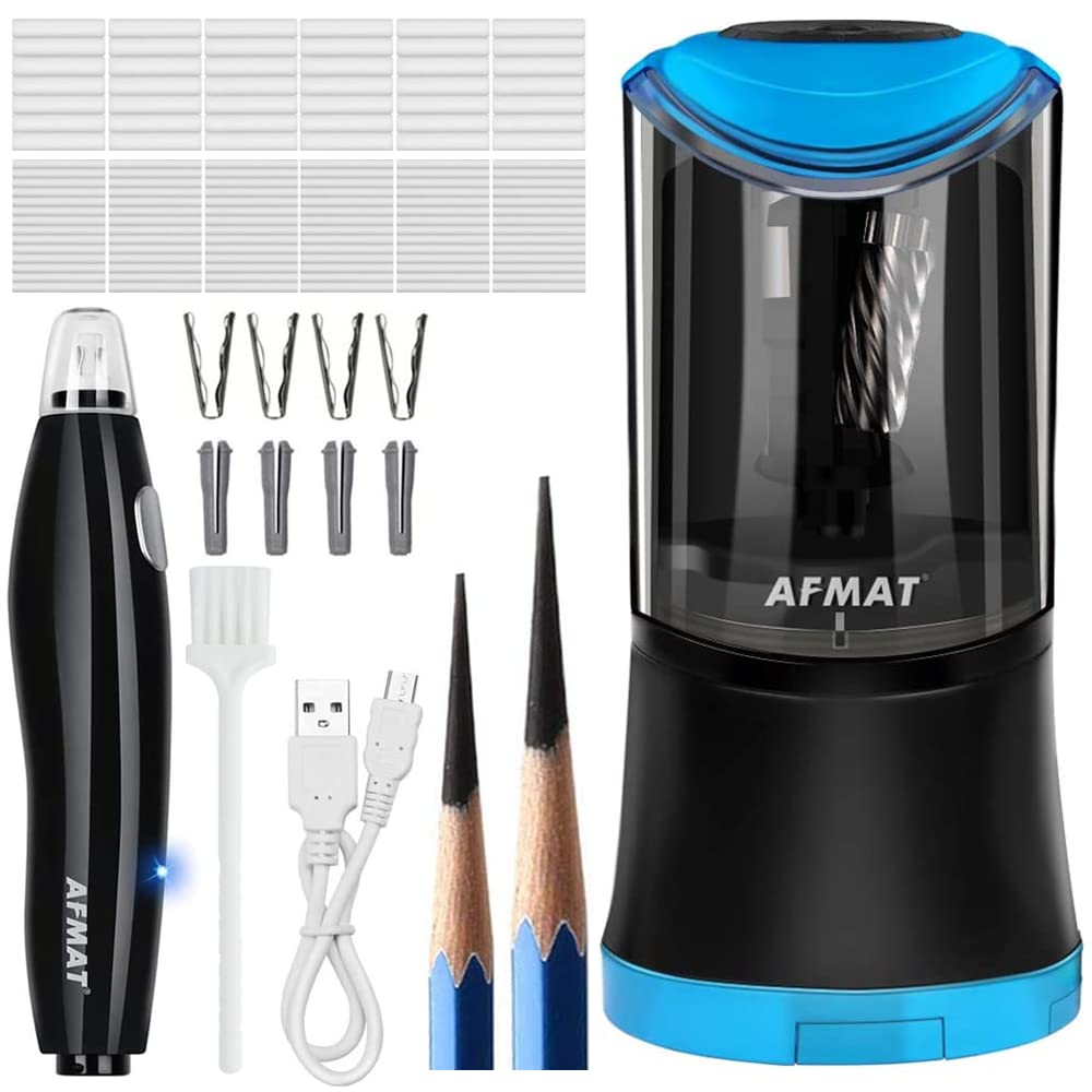 AFMAT Rechargeable Electric Pencil Sharpener & Eraser for Artists - Long Point Sharpener for 6-9.6mm Large Pencils with 140 Eraser Refills - Perfect for Sketching, Drawing & Art Class Supplies