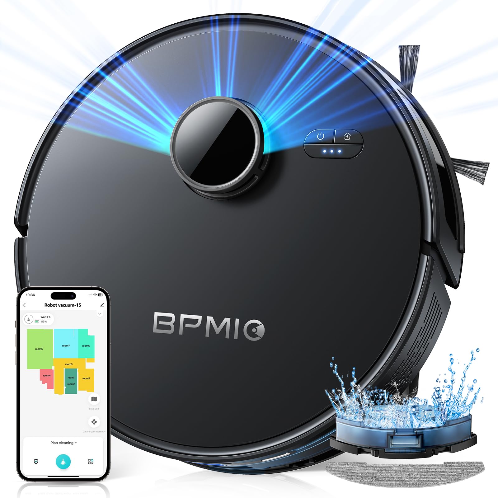 BPMIO 5000Pa 3-in-1 Robot Vacuum and Mop Combo with LiDAR Navigation, 5 Smart Maps & 30 No-Go Zones - WiFi/App/Alexa Control, Auto-Charging - Powerful Pet Hair & Debris Pickup for Carpets & Hard Floors - Perfect for Homes with Pets, Kids & High-Traffic Areas