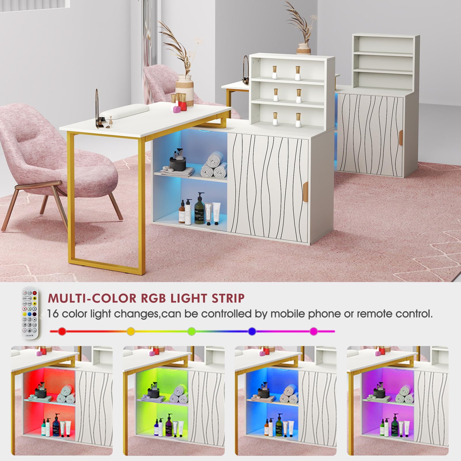 Professional Manicure Table with Remote Control LED Light & USB Ports - White Salon Nail Station with Open Shelves & Sliding Door Cabinet - Perfect for Nail Artists, Home Salons & Spa Businesses
