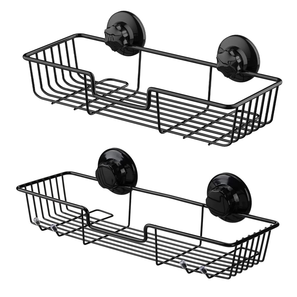 Rustproof SANNO Suction Cup Shower Caddy - 2 Pack Black Bathroom Organizer with No Damage Suction Cups | Wire Basket Storage for Shower, Kitchen & Bathroom | Perfect for Small Space Organization & Bath Accessories Storage