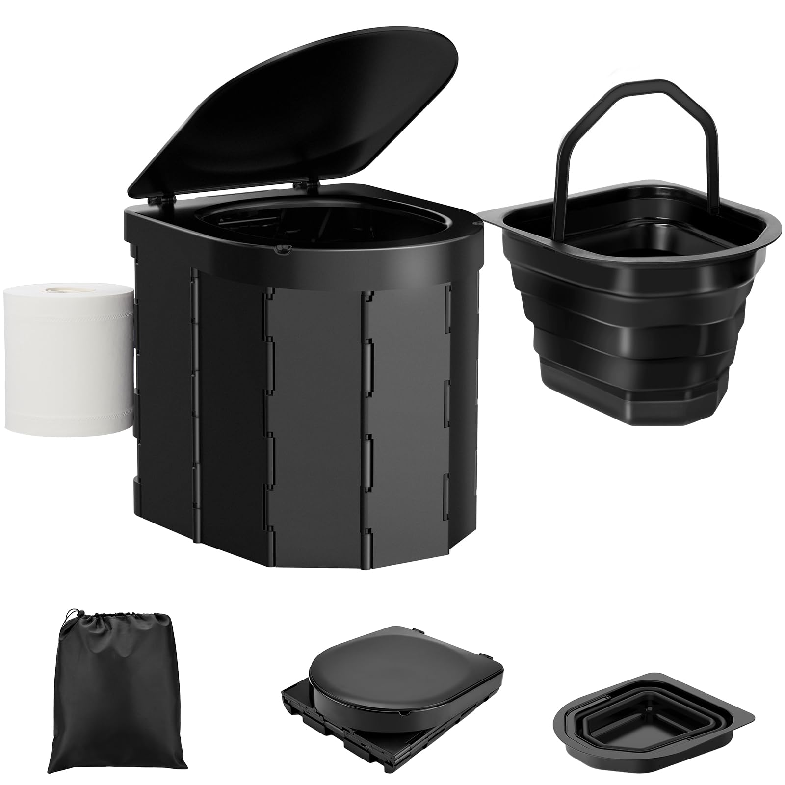 Portable Camping Toilet for Adults - Collapsible Travel Toilet with Lid & Toilet Paper Holder - Reusable & Compact Design for Camping, Hiking, RV Trips - Perfect for Outdoor Adventures, Emergency Preparedness & Road Trips