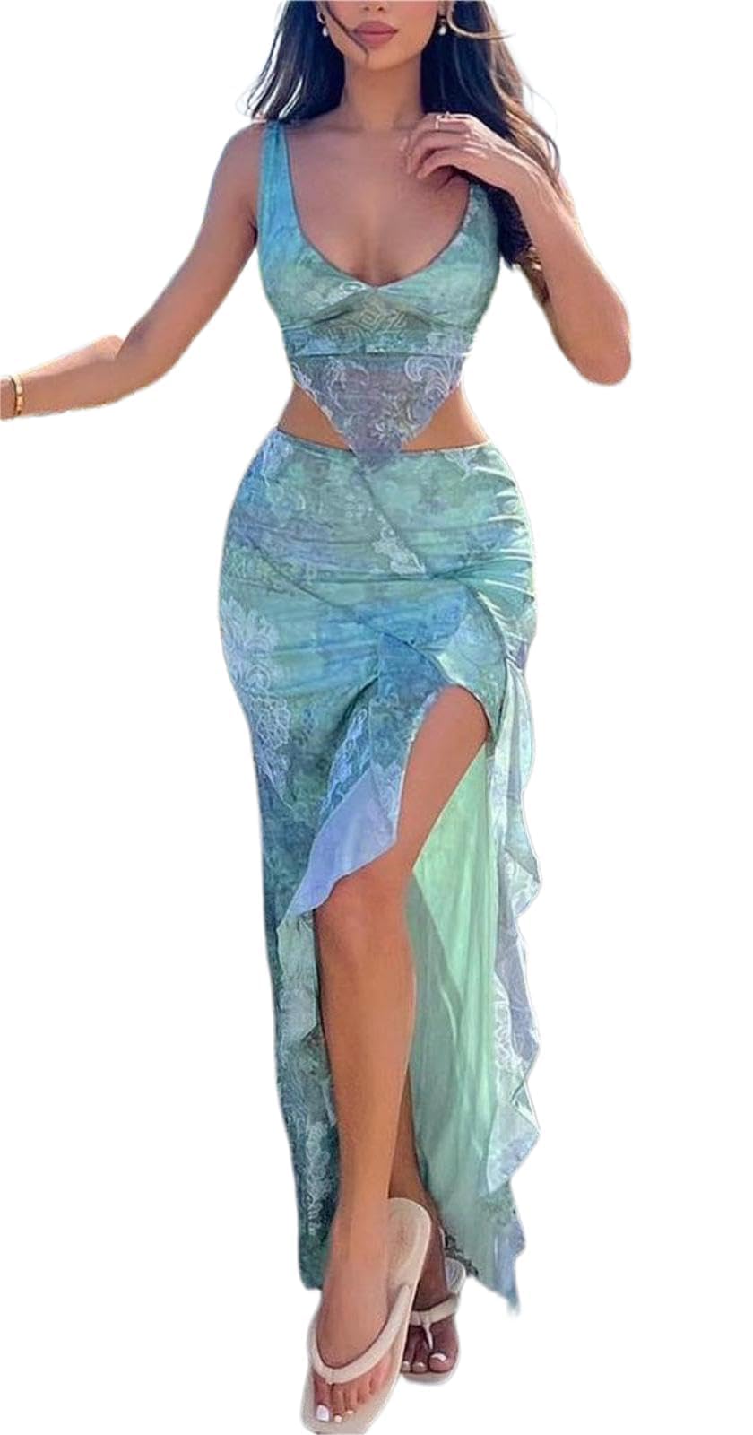 Sexy Two Piece Outfits for Women - Deep V Neck Print Spaghetti Strap Tank Top & Split Maxi Skirt Set | Summer Beachwear, Vacation Outfits, Date Night Dresses