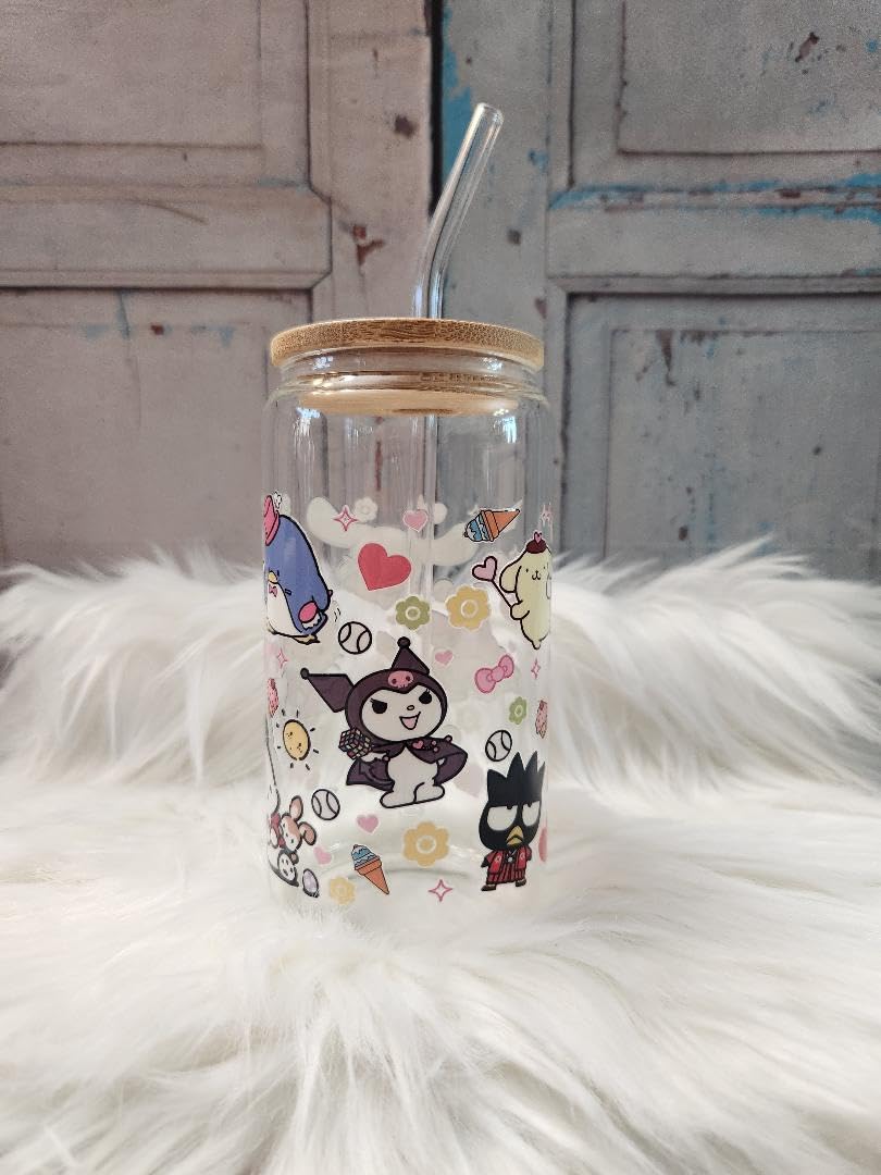 Hello Kitty Glass Can with Lid & Straw - 16oz Mason Jar Cup for Drinks & Snacks