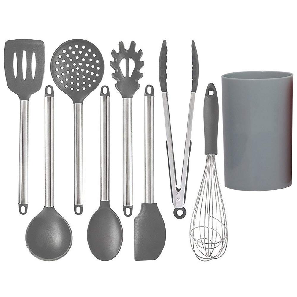 Premium 9-Piece Silicone Spatula Set with Stainless Steel Handle - Non-Slip Kitchen Cooking Utensils for Baking, Flipping, Mixing - Includes Spaghetti Spoon (Gray) | Ideal for Home Chefs & Professional Kitchens