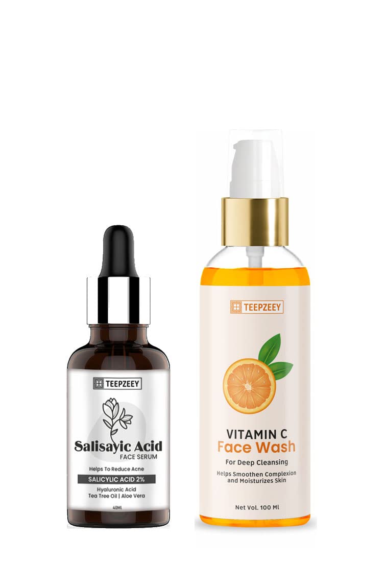 Teepzeey Salicylic Acid Face Serum for Acne, Blackheads & Open Pores (40ml) & Vitamin C Face Wash for Deep Cleansing (100ml) - Skincare Combo for Clear, Glowing Skin - Perfect for Daily Acne Treatment & Brightening Routine