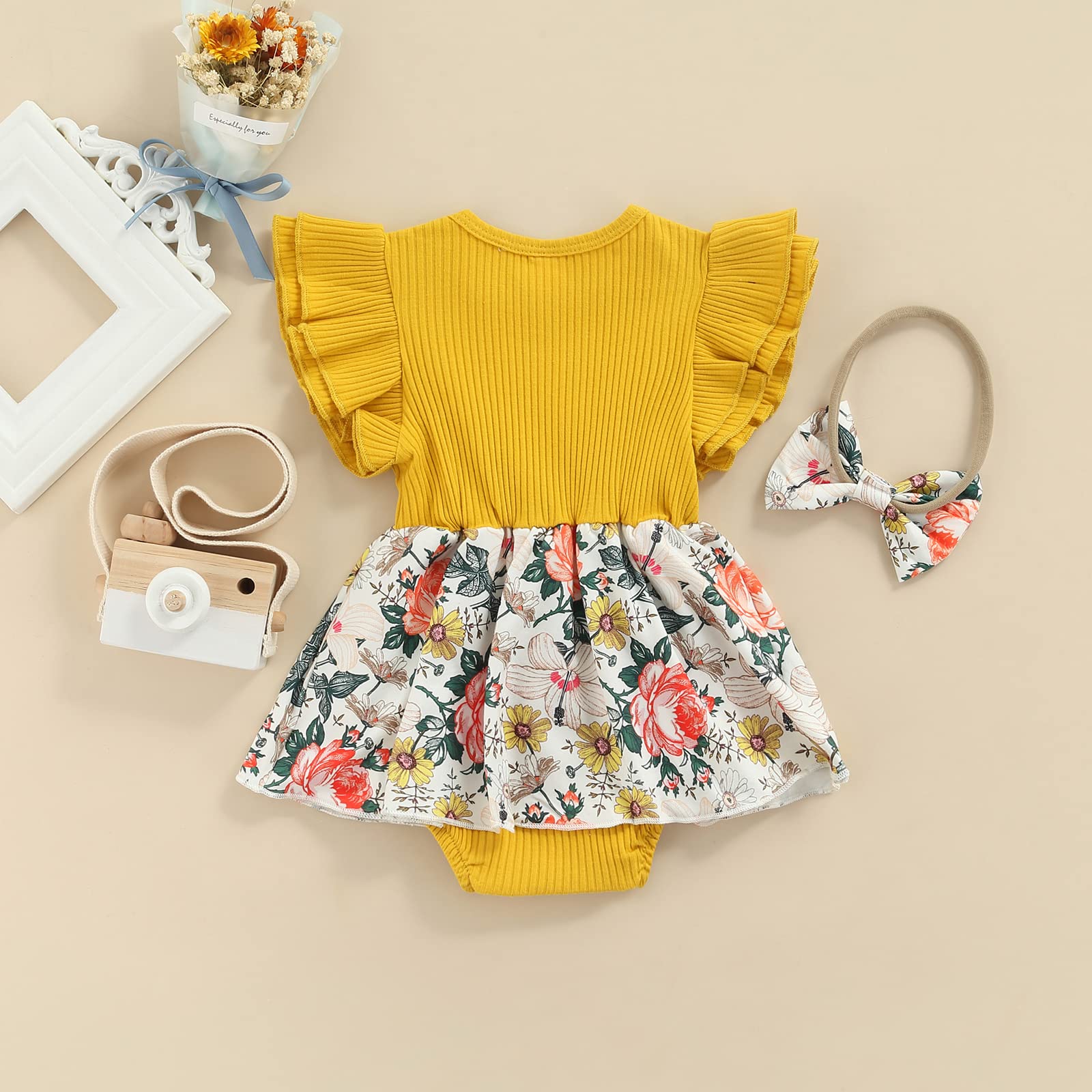 Adorable Newborn Baby Girl Romper Dress Set - Ribbed Floral Outfit with Ruffle Tutu Skirt & Headband | Soft Summer Infant Clothes for Photo Shoots, Parties & Special Occasions