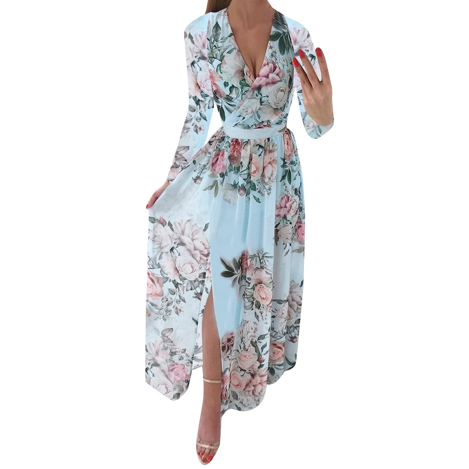 Elegant Floral Print Long Sleeve V-Neck Chiffon Boho Dress for Women - Perfect for Casual Outings, Date Nights & Spring/Summer Occasions