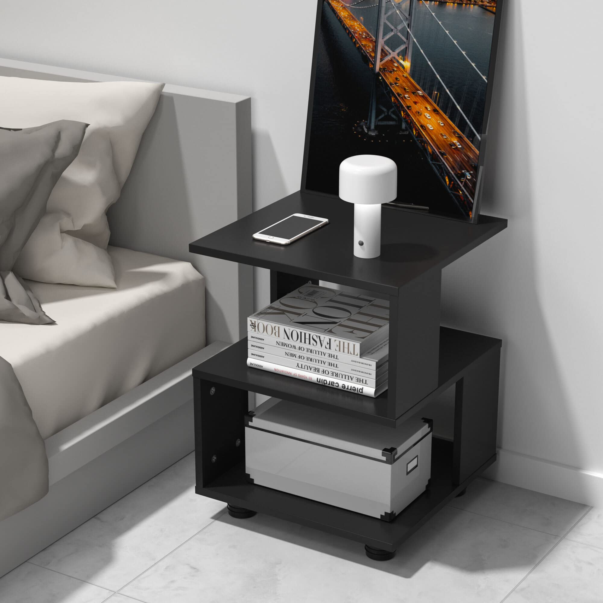 Modern Black & White Magic Cube Nightstands - 2-Tier Rectangular Hollow Design Irregular Side Tables for Bedroom - Contemporary Fashion Bedside Tables with Storage Space - Perfect for Small Spaces, Dorm Rooms & Modern Home Decor