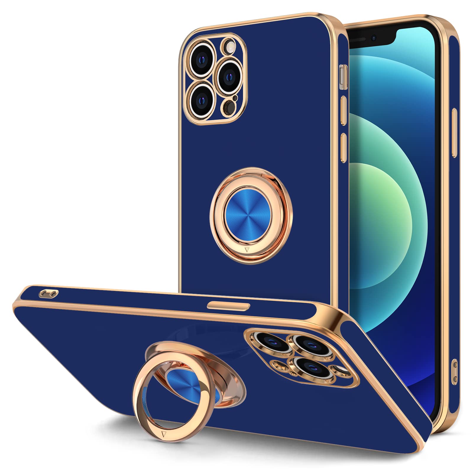 Hython iPhone 12 Pro Max Case with 360° Rotatable Ring Stand & Magnetic Kickstand - Shockproof Protective Phone Cover with Soft Microfiber Lining & Rose Gold Edge (Blue) - Perfect for Work, Travel & Hands-Free Viewing