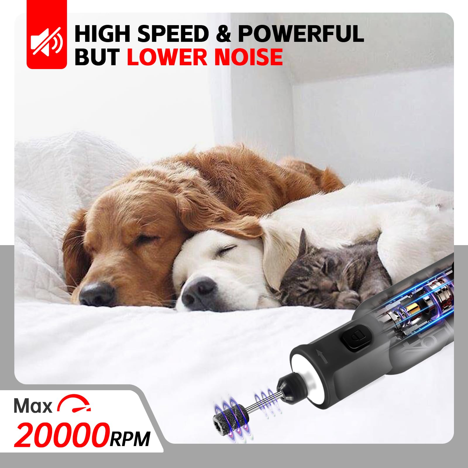 Upgraded Electric Dog Nail Grinder - 5 Speed LED Light Rechargeable Cordless Pet Nail Trimmer for Dogs, Cats & Small Animals with 40 Accessories | Safe & Painless Nail Care for Puppies, Kittens & Pets at Home