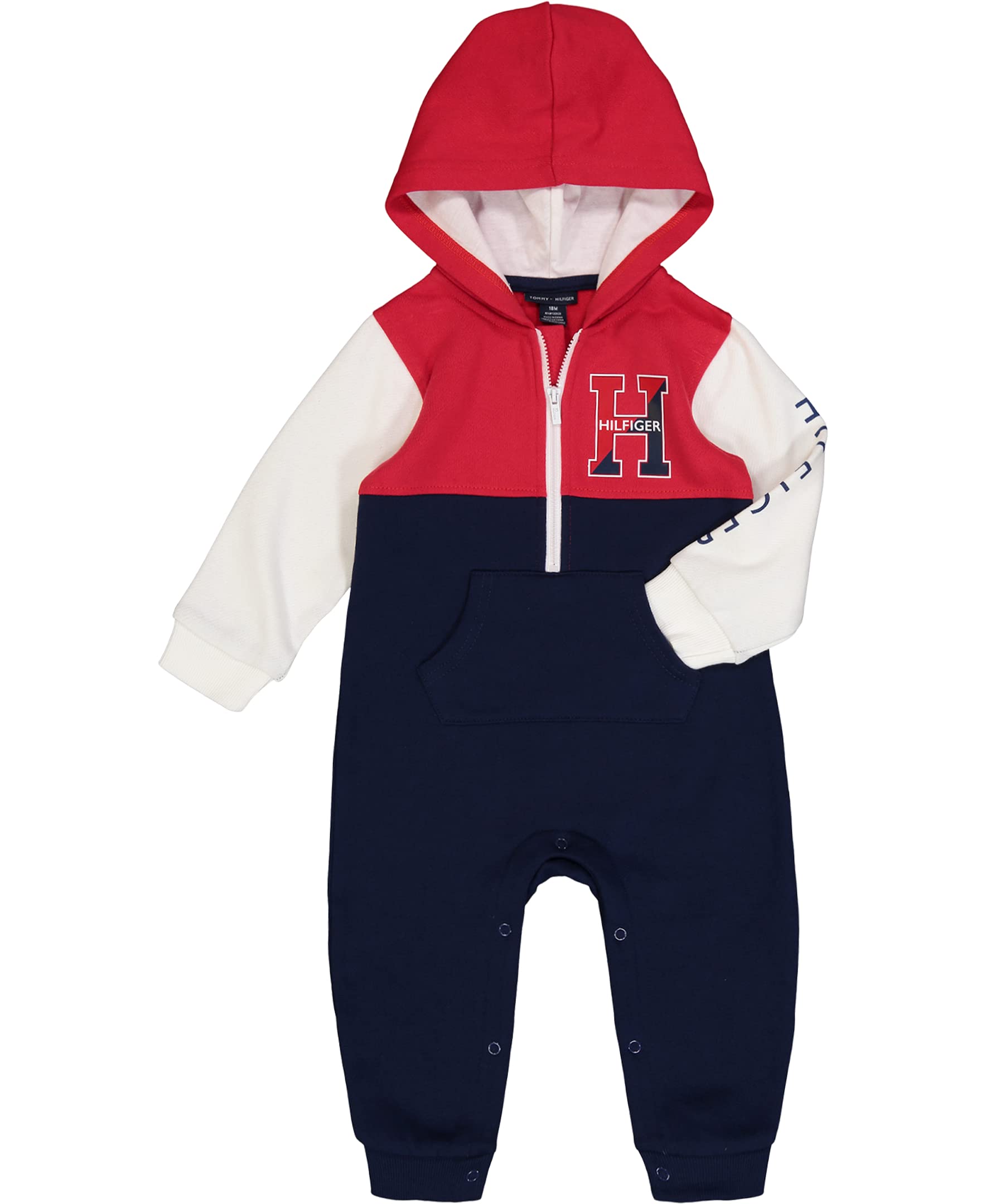 Tommy Hilfiger Baby Boys Hooded Coverall Jumpsuit - Soft Cotton Romper for Infants & Toddlers | Perfect for Playdates, Daycare & Casual Outings