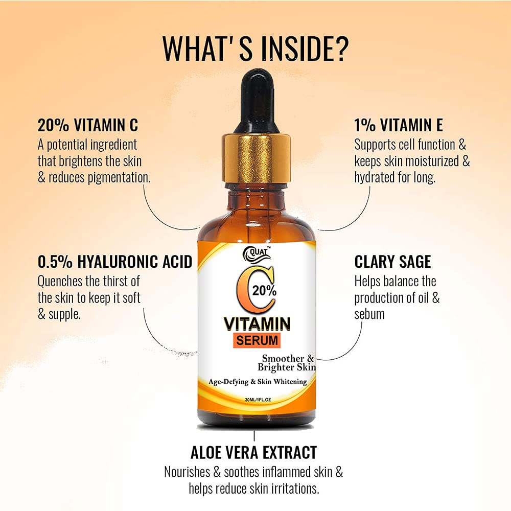 Quat 20% Vitamin C Face Serum for Glowing Skin - Brightening & Anti-Aging Facial Treatment with Hyaluronic Acid | Day & Night Use for Women