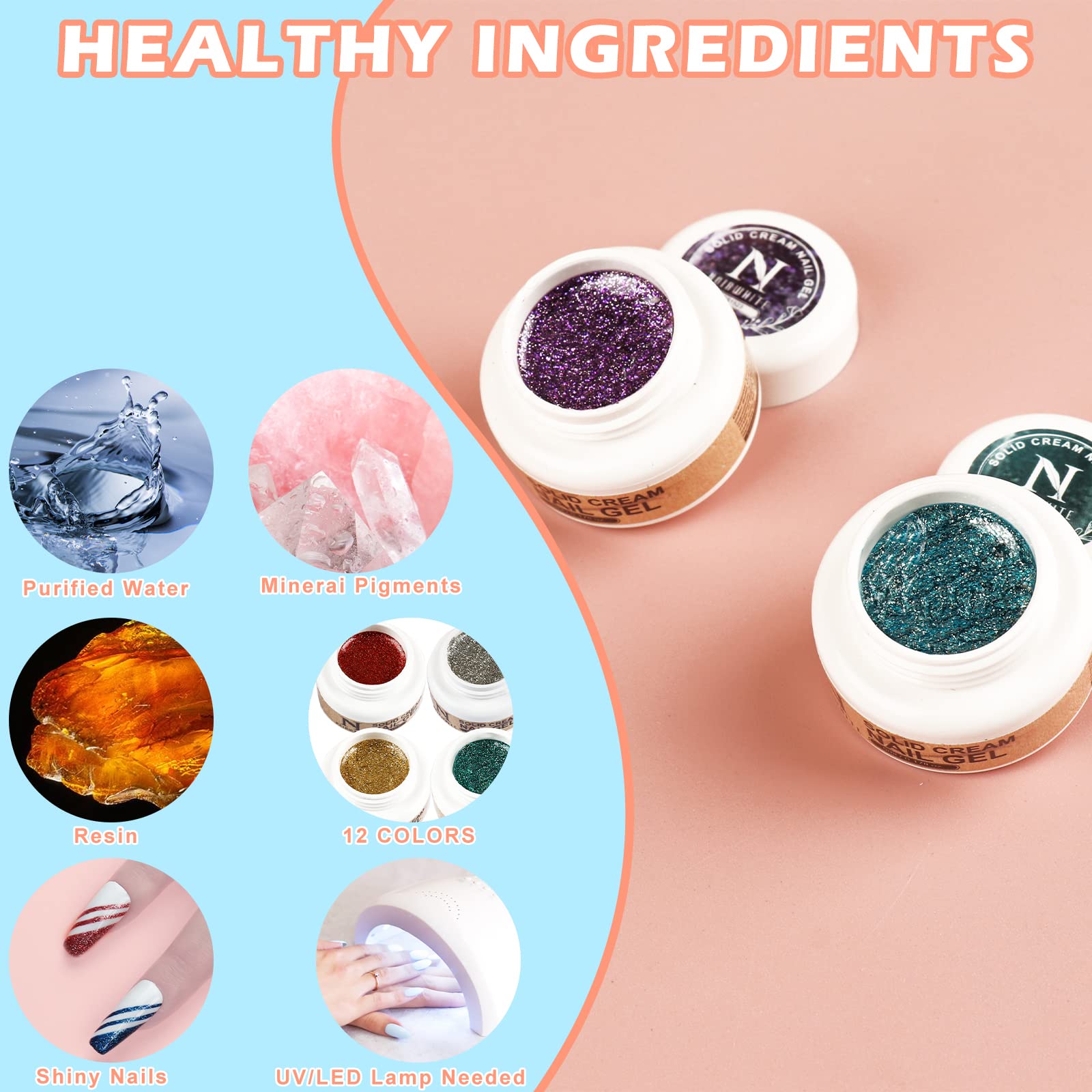 12 Colors Gel Nail Polish Set - Long Lasting Glitter & Cream Nail Gel Kit with Nail Brush for DIY Nail Art | Perfect for Home Manicures, Salon Use & Gift Giving
