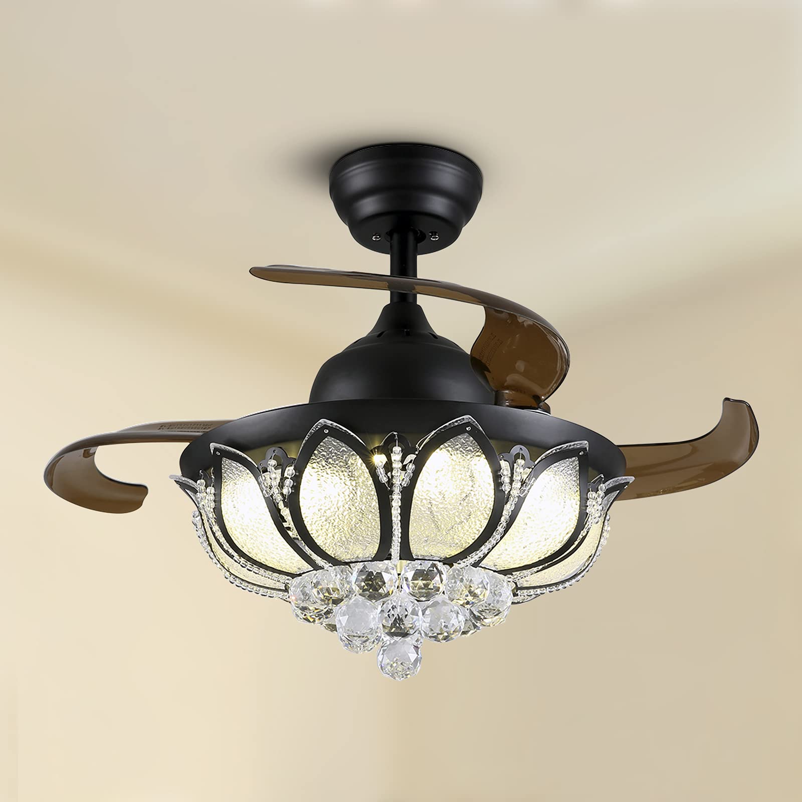 MOOONICHE 36 Inch Black Invisible Blade Ceiling Fan with Dimmable Crystal Chandelier Lights & Remote Control - Modern Reversible DC Motor for Bedroom, Dining Room, Living Room & Office - Energy Efficient Quiet Operation