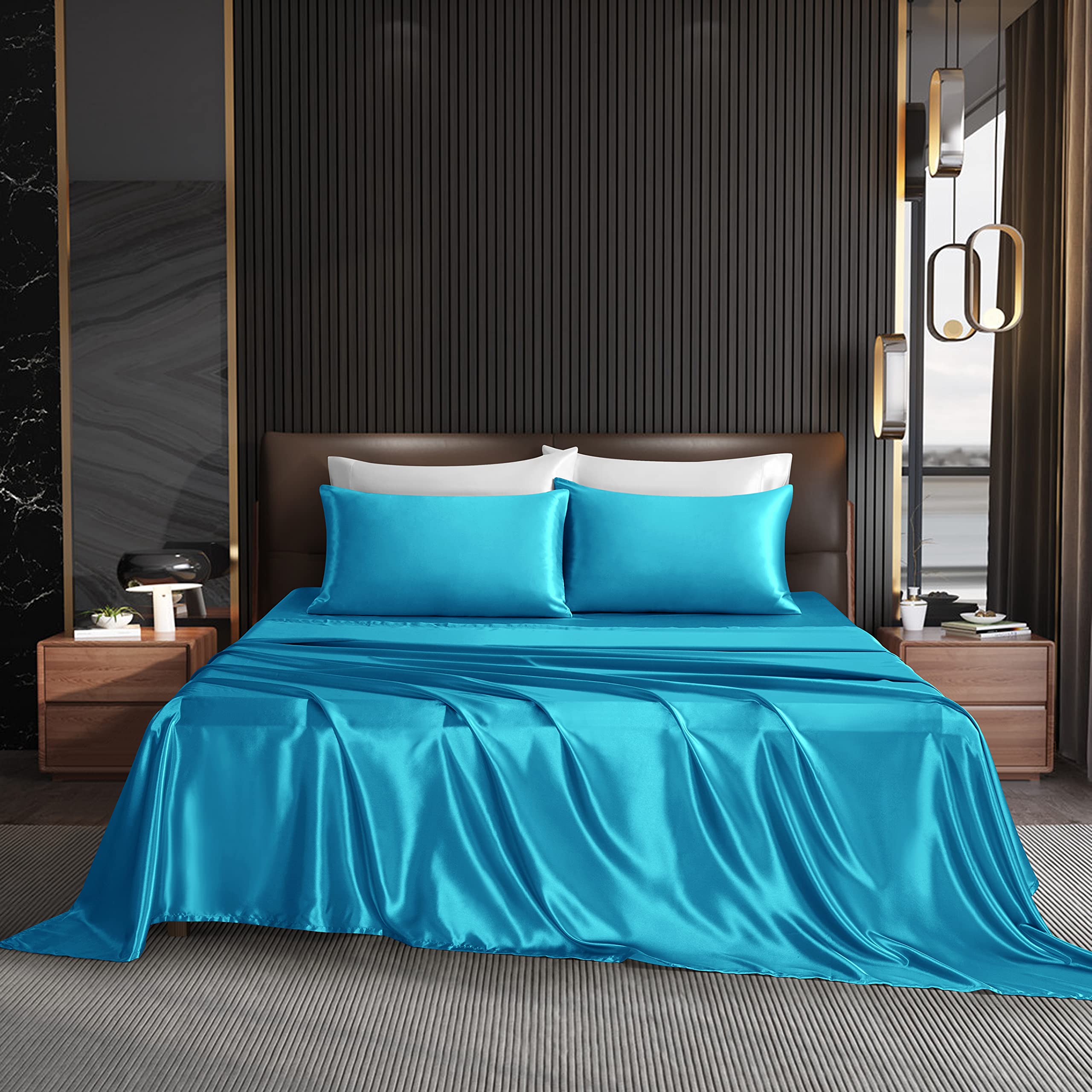 NA HommxJF Cooling Satin Sheets Set - Twin Size, 3-Piece Bedding with Flat Sheet, Deep Pocket Fitted Sheet & Pillowcase (Lake Blue) | Ultra-Soft & Breathable for Hot Sleepers | Perfect for Summer Nights, Guest Rooms & Luxury Bedrooms