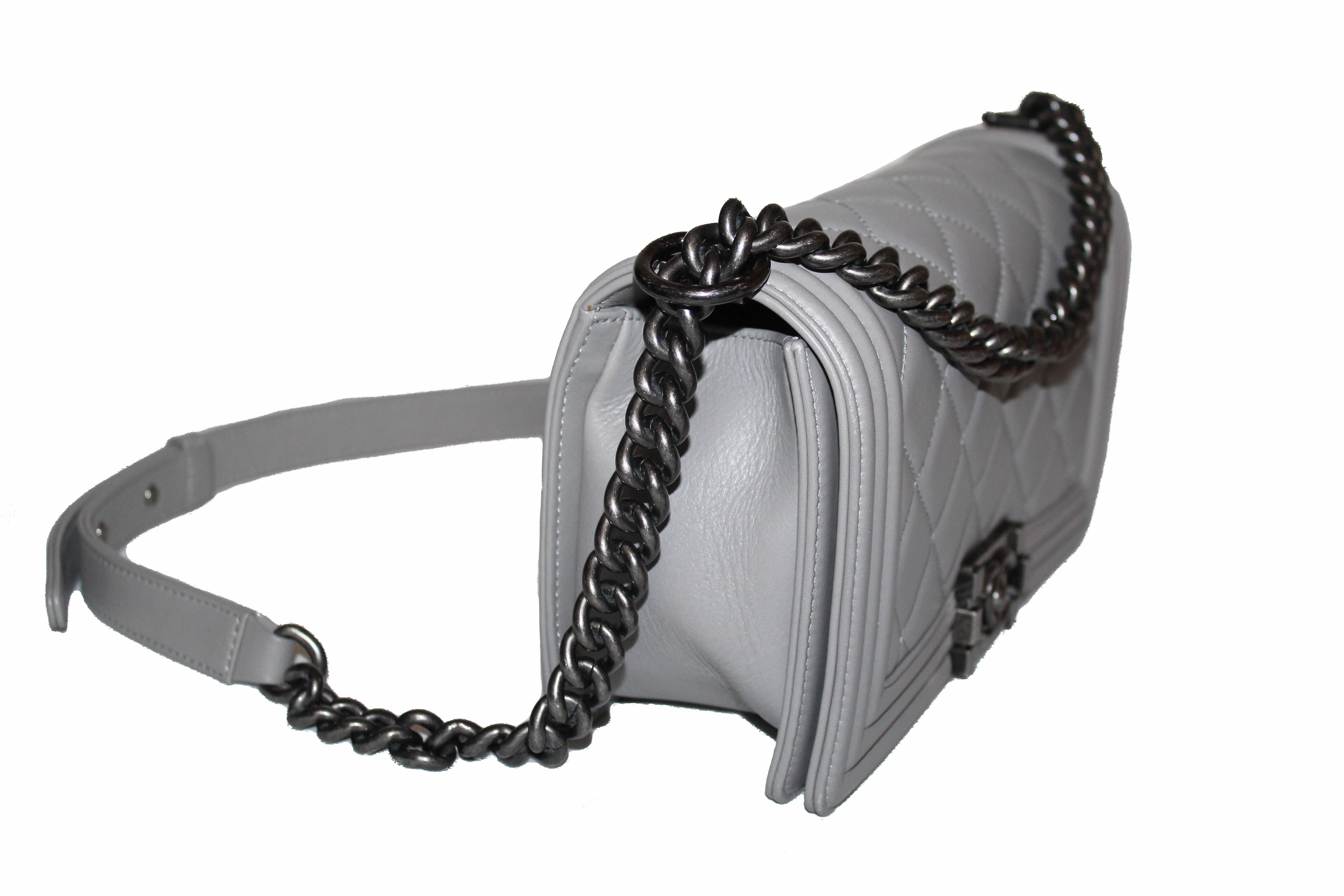 Authentic Chanel Grey Calfskin Quilted Old Medium Boy Bag - Luxury Shoulder Messenger Purse for Women | Perfect for Work, Travel & Evening Events