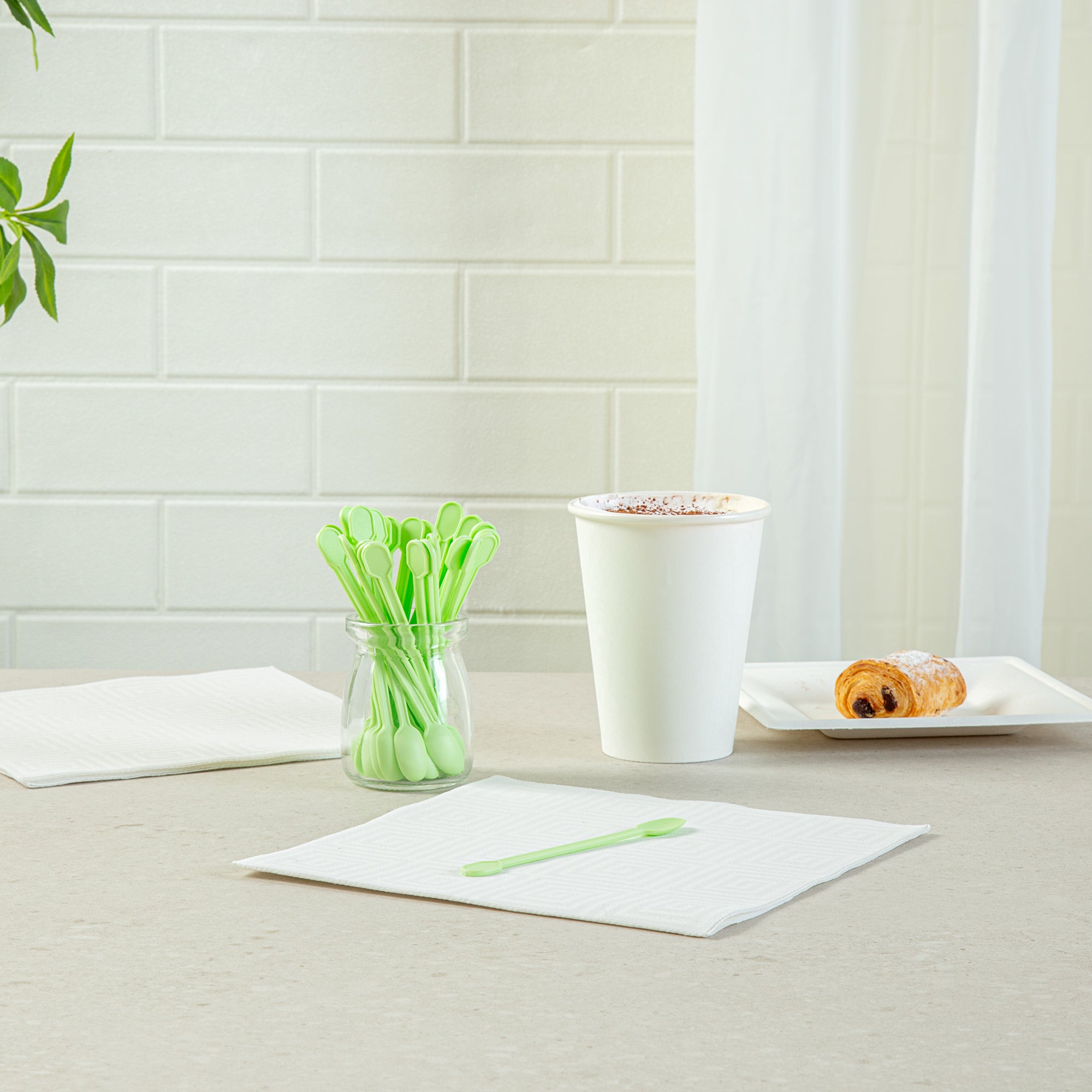 Eco-Friendly Compostable CPLA Plastic Coffee Stirrers & Spoons - 100 Count Box | Biodegradable Stir Sticks for Hot/Cold Beverages, Perfect for Coffee Shops, Offices, and Home Use