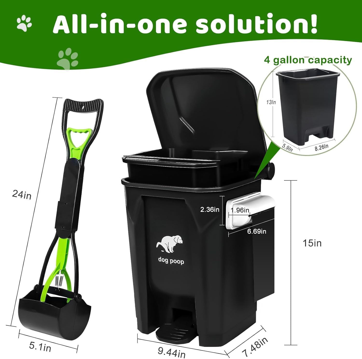 Foldable Dog Poop Trash Can with Scooper - 20L/5Gallon Outdoor Pet Waste Station with Lid, 100 Bags, Foot Pedal & Removable Inner Bin - Perfect for Backyards, Parks & Dog Walking Areas (Black)