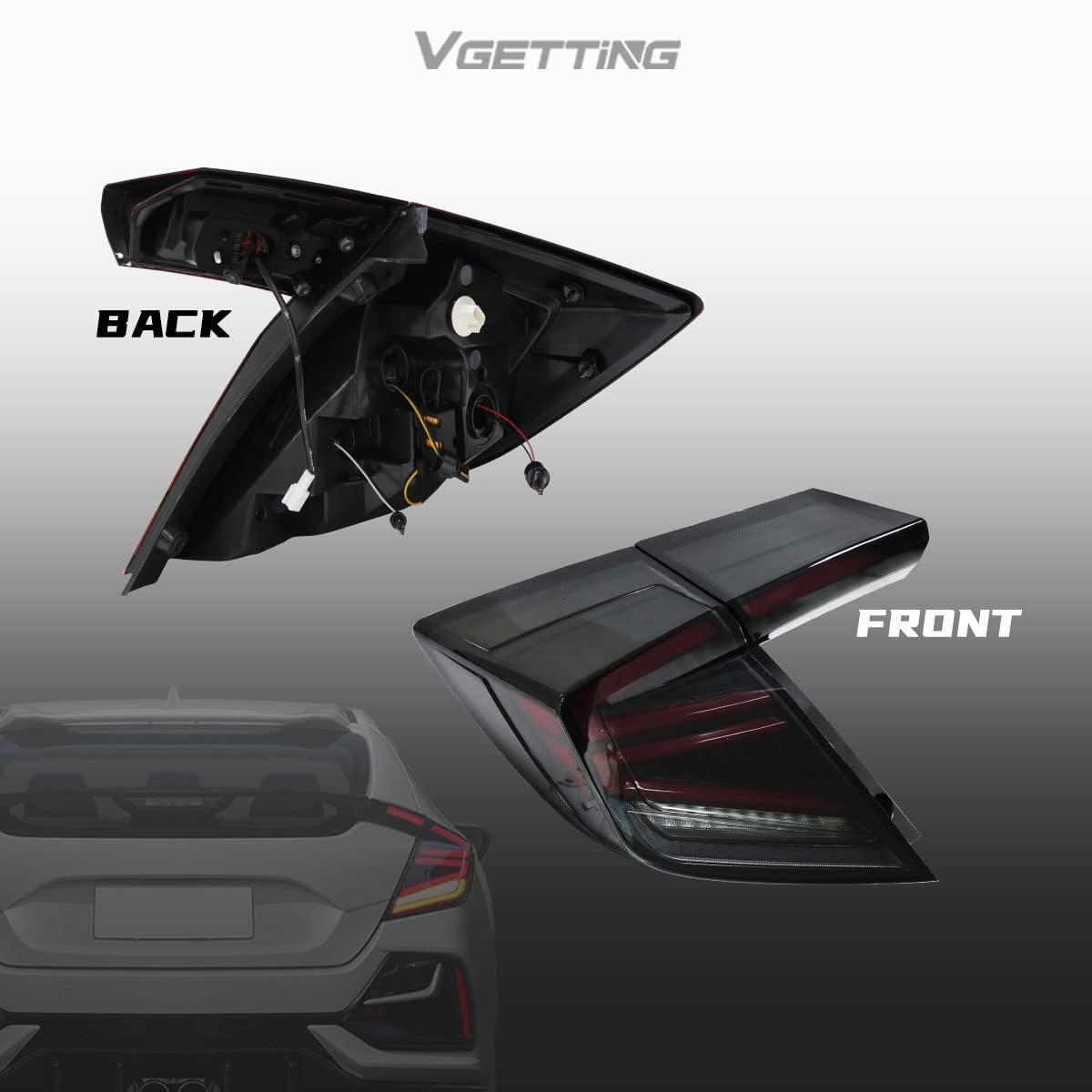 2016-2020 Honda Civic Type R Hatchback LED Tail Lights - Smoked Lens Sequential Turn Signal & DRL Brake Light Assembly - Perfect for Night Driving & Car Customization