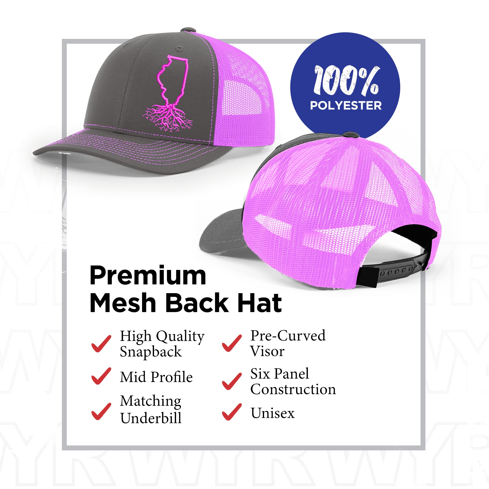 Illinois Roots Snapback Hat - Stylish Polyester Cotton Baseball Cap for Men & Women - Breathable Mesh Back Trucker Hat - Universal Size (Charcoal & Pink) - Perfect for Casual Wear, Outdoor Activities & Sports