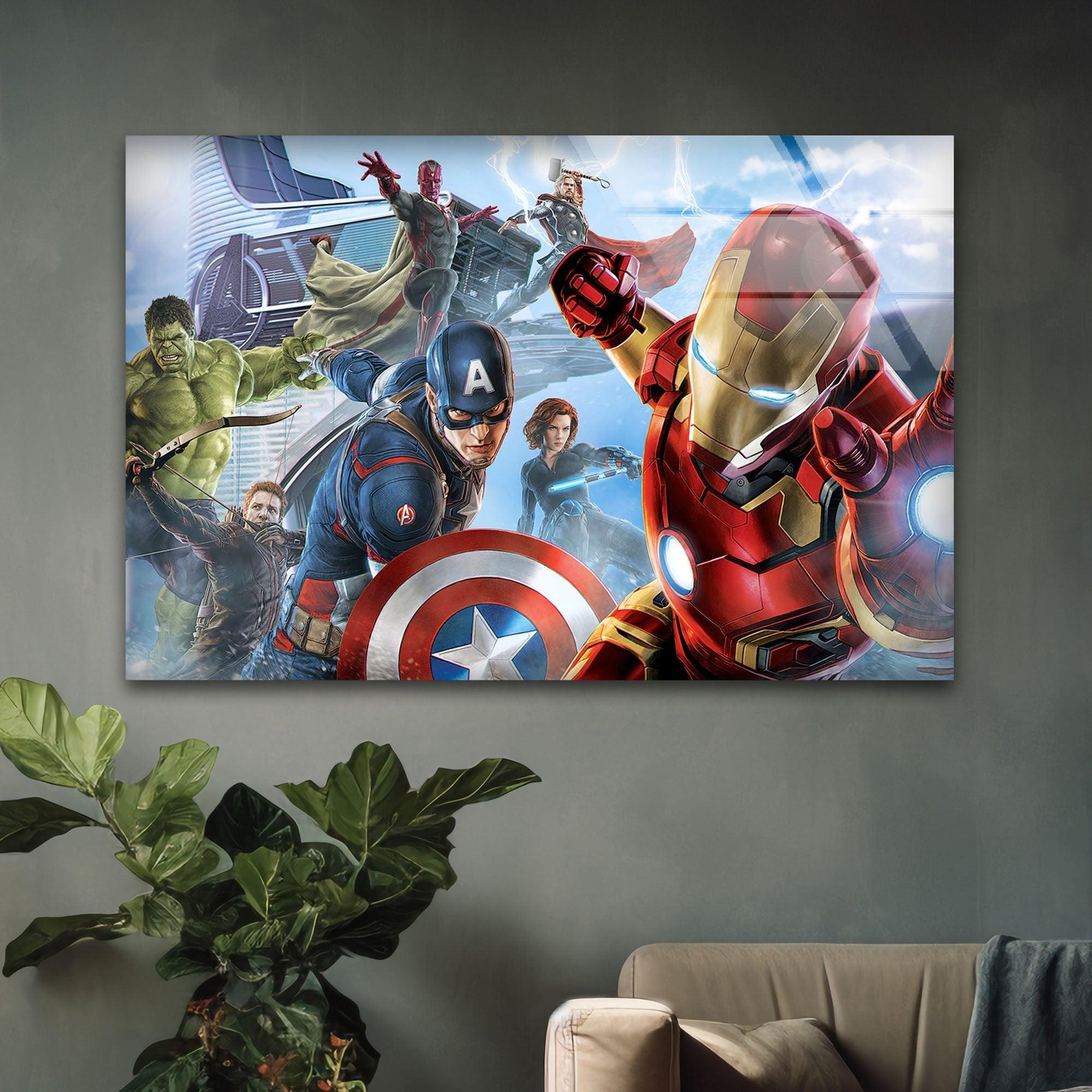 Marvel Avengers Superhero Glass Wall Art - Iron Man, Captain America, Hulk & Thor - Perfect for Home, Office & Game Room Decor