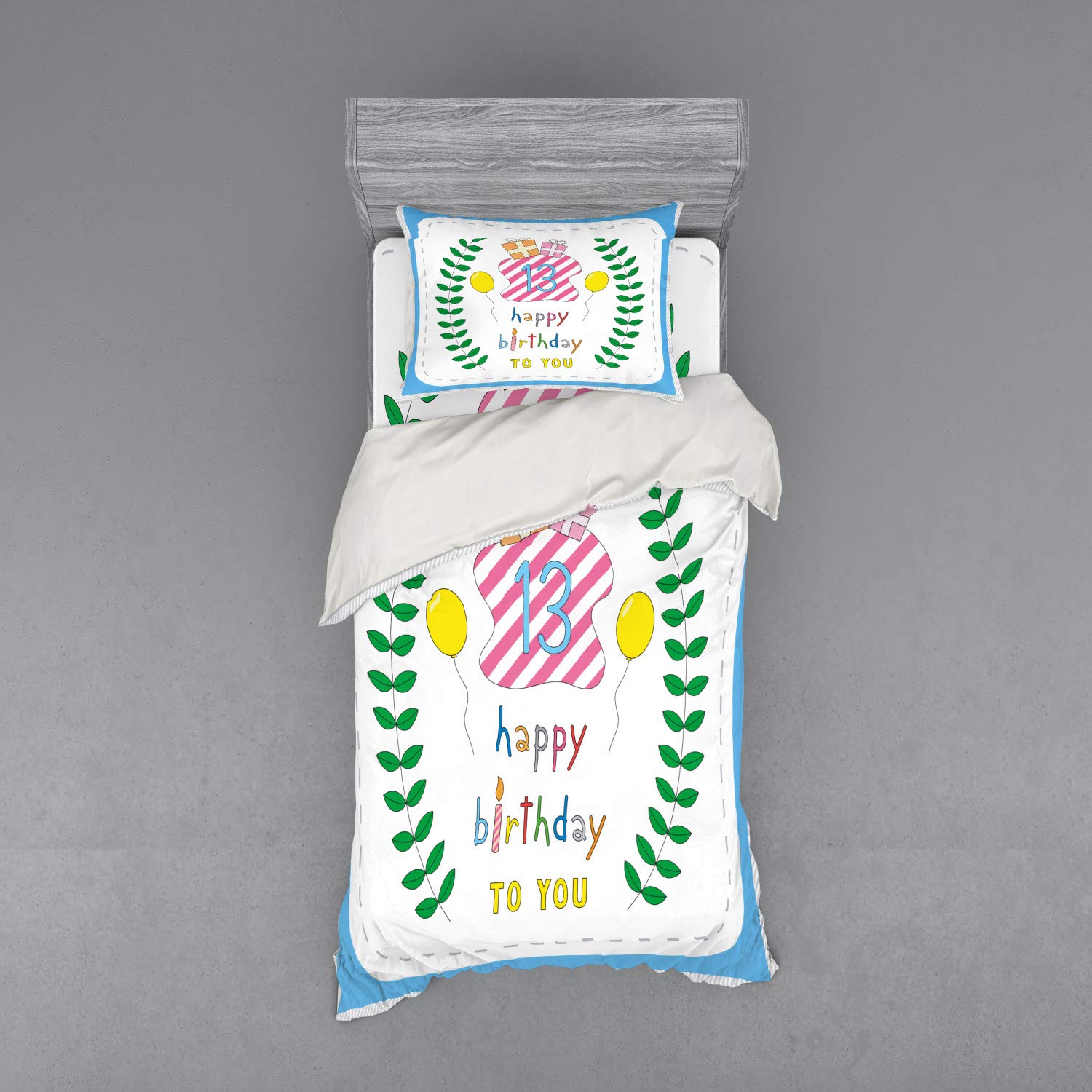 Ambesonne 13th Birthday Duvet Cover Set - Pastel Hand-Drawn Leaves, Balloons & Gifts | 3-Piece Twin Size Bedding Set with Sham & Fitted Sheet | Perfect for Teen Bedrooms, Birthday Gifts & Room Decor