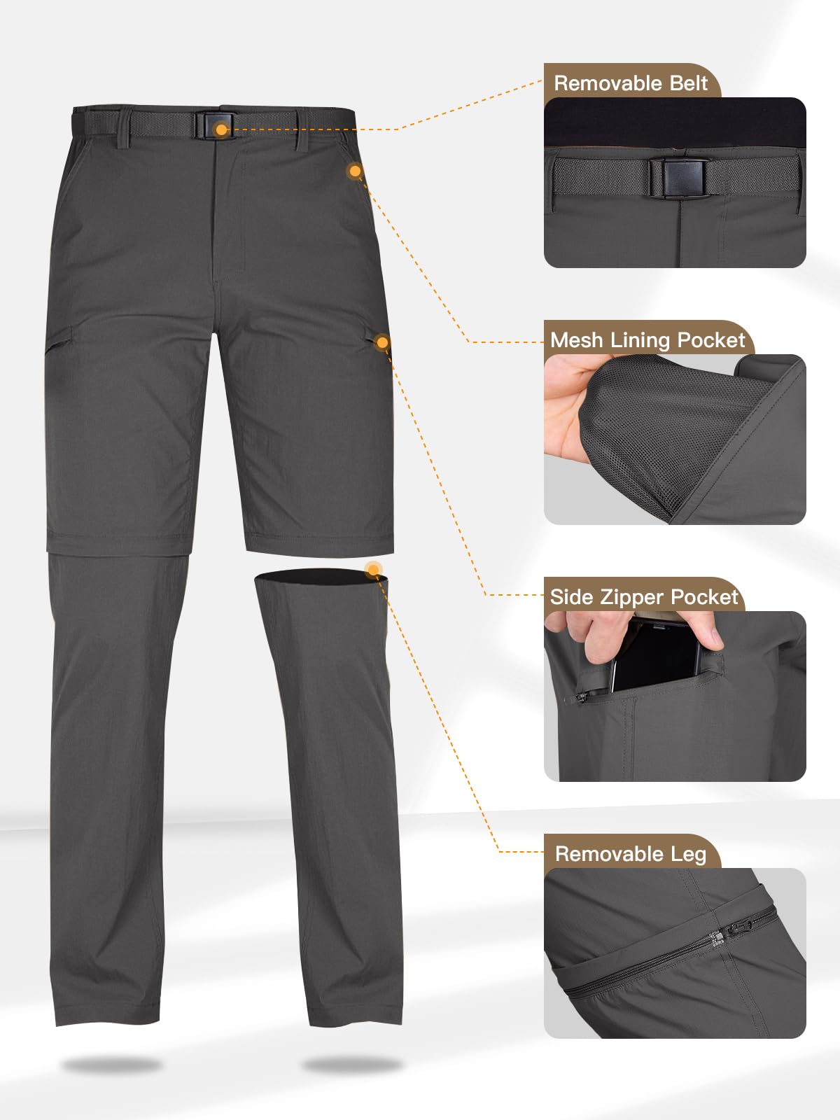 FREE SOLDIER Men's Outdoor Convertible Hiking Pants with Belt - Lightweight Quick Dry Tactical Cargo Pants for Hiking, Camping & Travel - Nylon Spandex Stretch Fabric - Perfect for Outdoor Adventures & Military Use