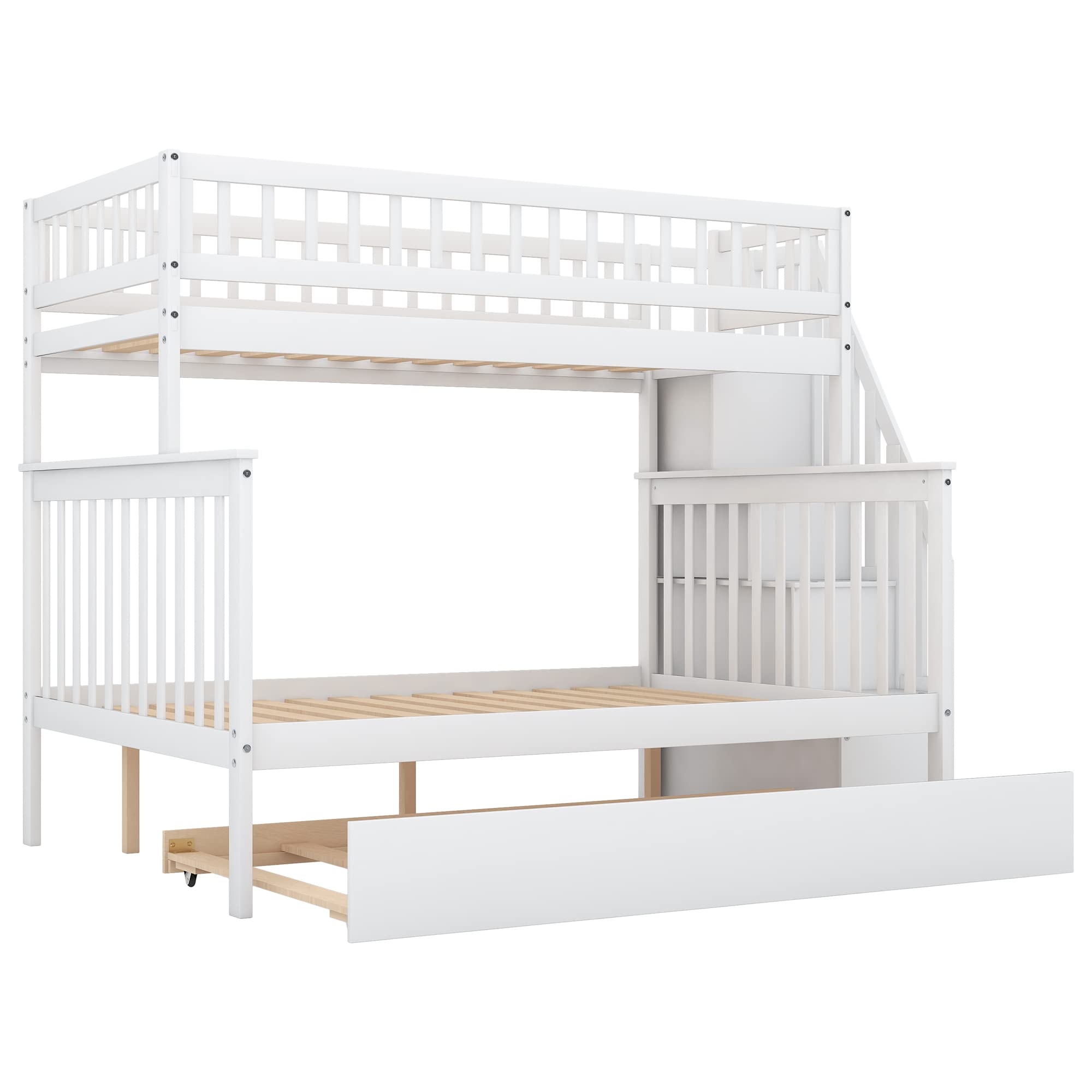 Harper & Bright Designs Twin Over Full Bunk Bed with Trundle, Stairs & Storage - Solid Wood Kids Bunk Bed with Full-Length Safety Rails - Space-Saving Solution for Small Rooms, Sleepovers & Guest Bedrooms (White)