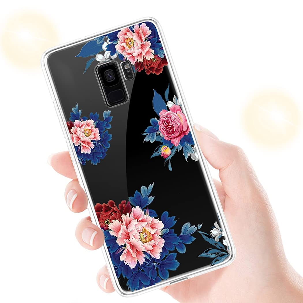 Samsung Galaxy S9 Phone Case for Women - Clear Slim Shockproof Flexible TPU Protective Cover with Blue Flower Design - Perfect for Everyday Use, Work & Travel