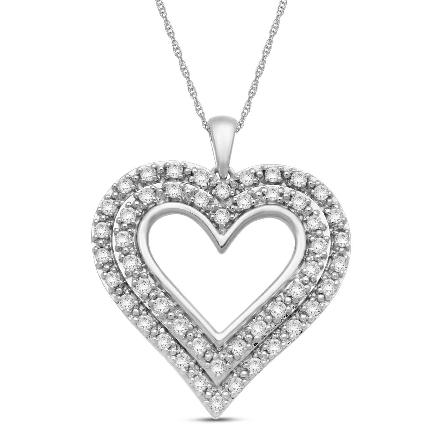 Jewelili Sterling Silver Heart Pendant Necklace for Women - 1 CTTW Natural White Round Diamond Jewelry with 18