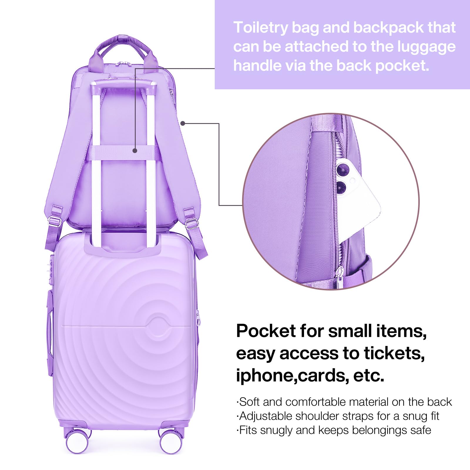 3-Piece Lavender Hardshell Luggage Set - 20in Carry-On Suitcase with Spinner Wheels & Expandable Design, Includes Travel Backpack - Perfect for Air Travel, Business Trips & Family Vacations (LAVENDER/20/BP/TB)