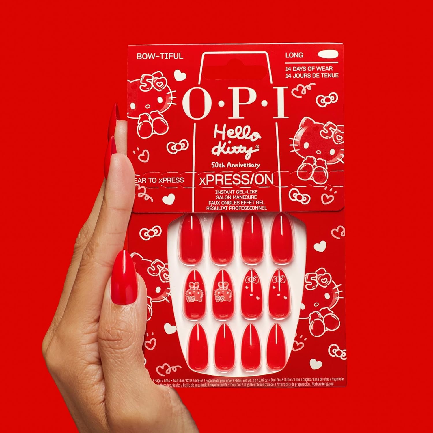 OPI xPRESS/ON Press on Nails - Long Almond Fake Nails with Nail Glue | Hello Kitty Limited Edition Collection | DIY Salon Quality Manicure at Home for Parties, Weddings & Special Occasions