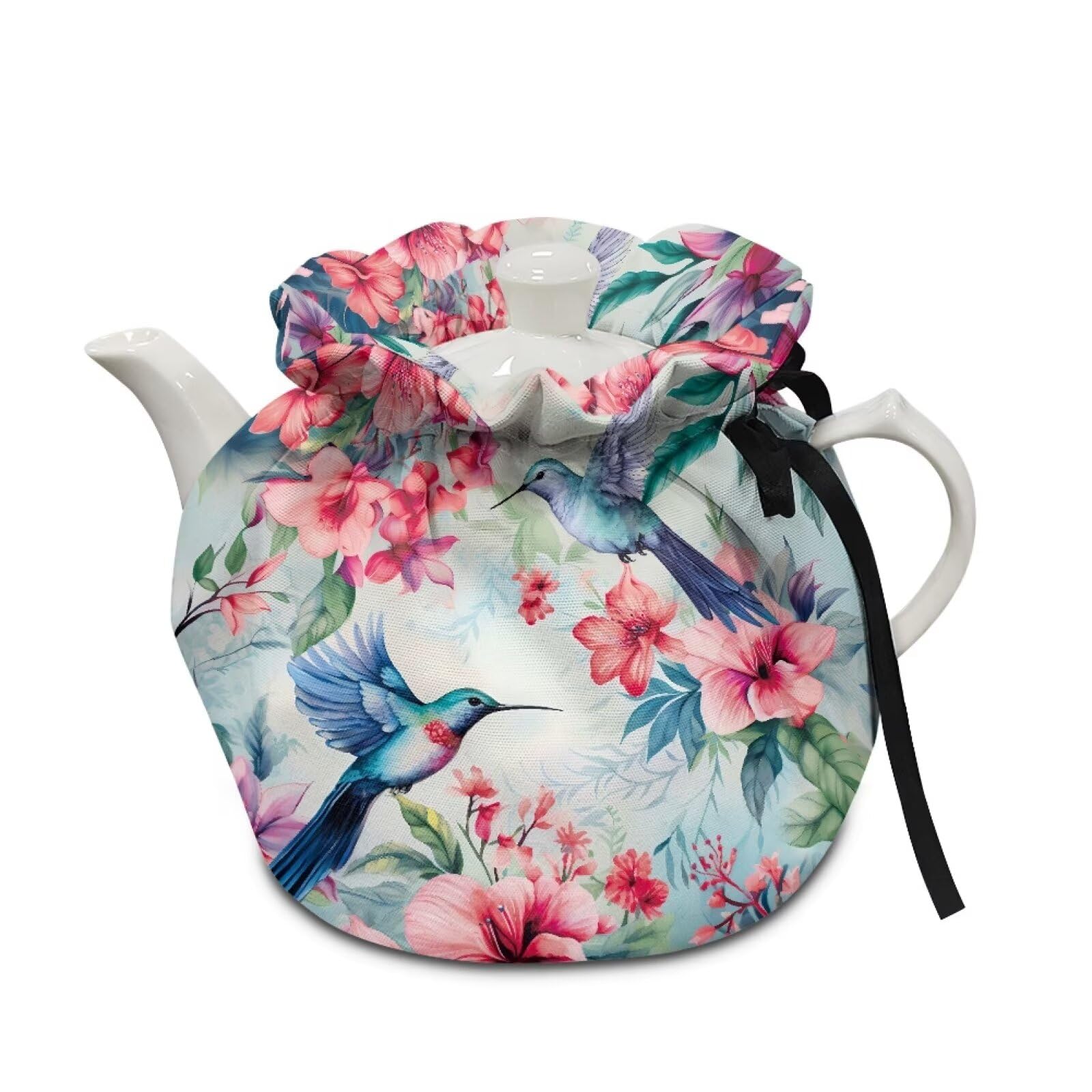 Suobstales Hummingbird Floral Print Tea Cozy - Cotton Insulated Teapot Cover for 6-12 Cup Teapots | Portable, Dustproof & Heat-Retaining Kettle Cover | Perfect for Afternoon Tea, Garden Parties & Home Decor