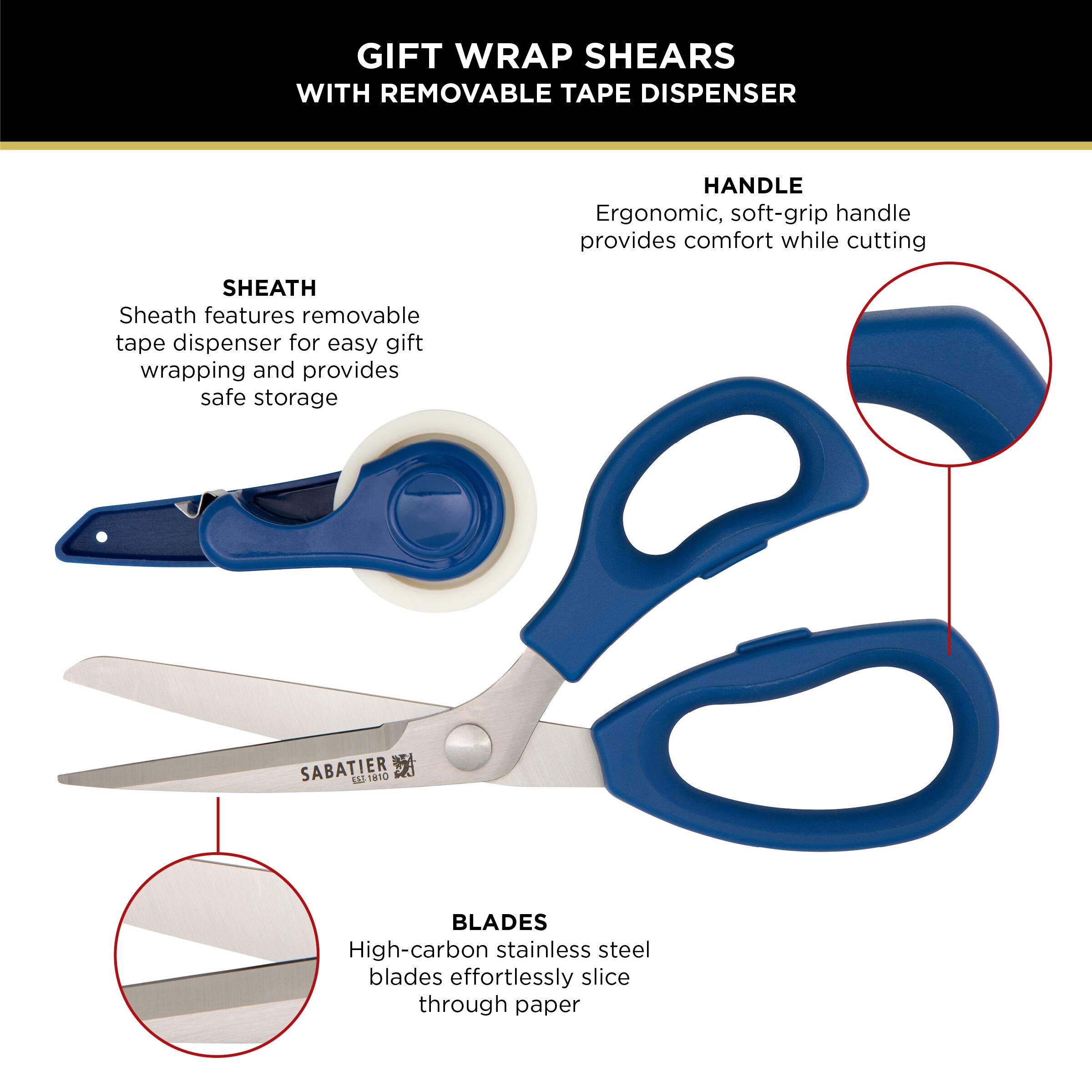 Sabatier 2-in-1 All-Purpose Scissors with Removable Tape Dispenser - Ultra Sharp Stainless Steel Multi-Purpose Scissors for Office, Home, Crafting & Gift Wrapping (11.4 Inch, Blue) - Perfect for Cutting Wrapping Paper, Ribbons, Tape & Everyday Household Tasks