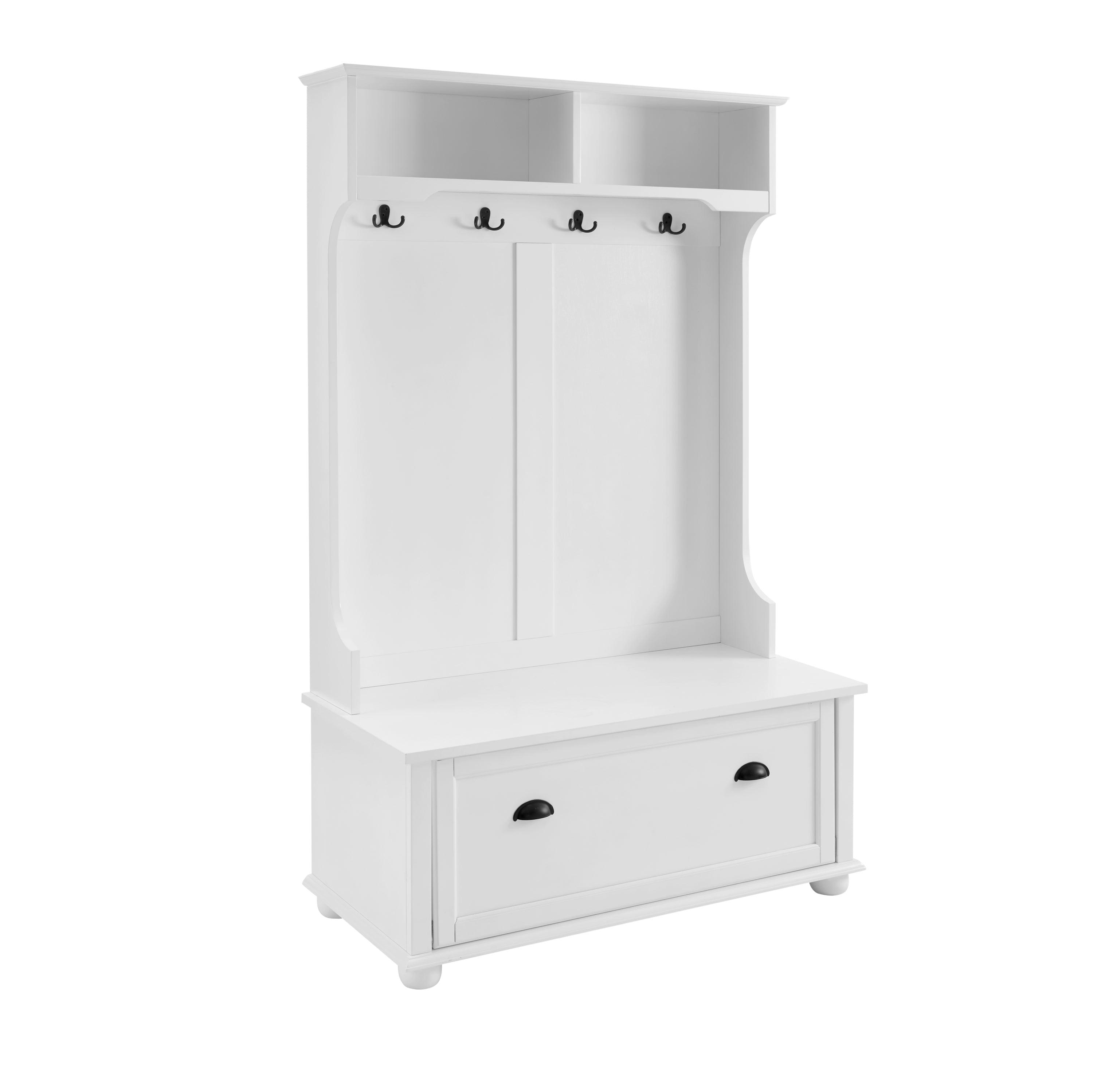 Classic Coastal Style Hall Tree Entryway Bench with Open Shelves & Shoe Storage - Solid Wood Feet, White (40.16