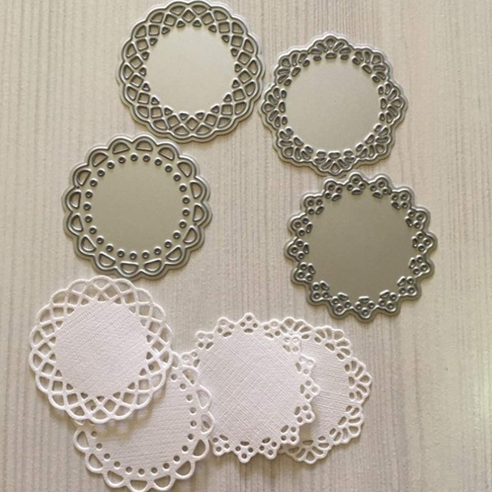 4-Piece Metal Die Cut Set for Scrapbooking - Round, Lace, Flower & Border Patterns | Card Making Templates & Photo Album Decorations | Embossing Paper Crafts | Silver Cutting Dies (Perfect for DIY Greeting Cards, Wedding Invitations & Memory Books)
