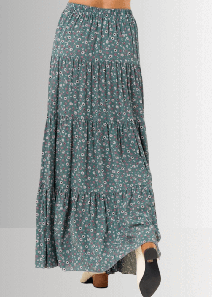 Elizabeth Agave Floral Print Tiered Maxi Skirt - Boho Summer Beach Dress for Women, Perfect for Vacations, Music Festivals & Casual Outings