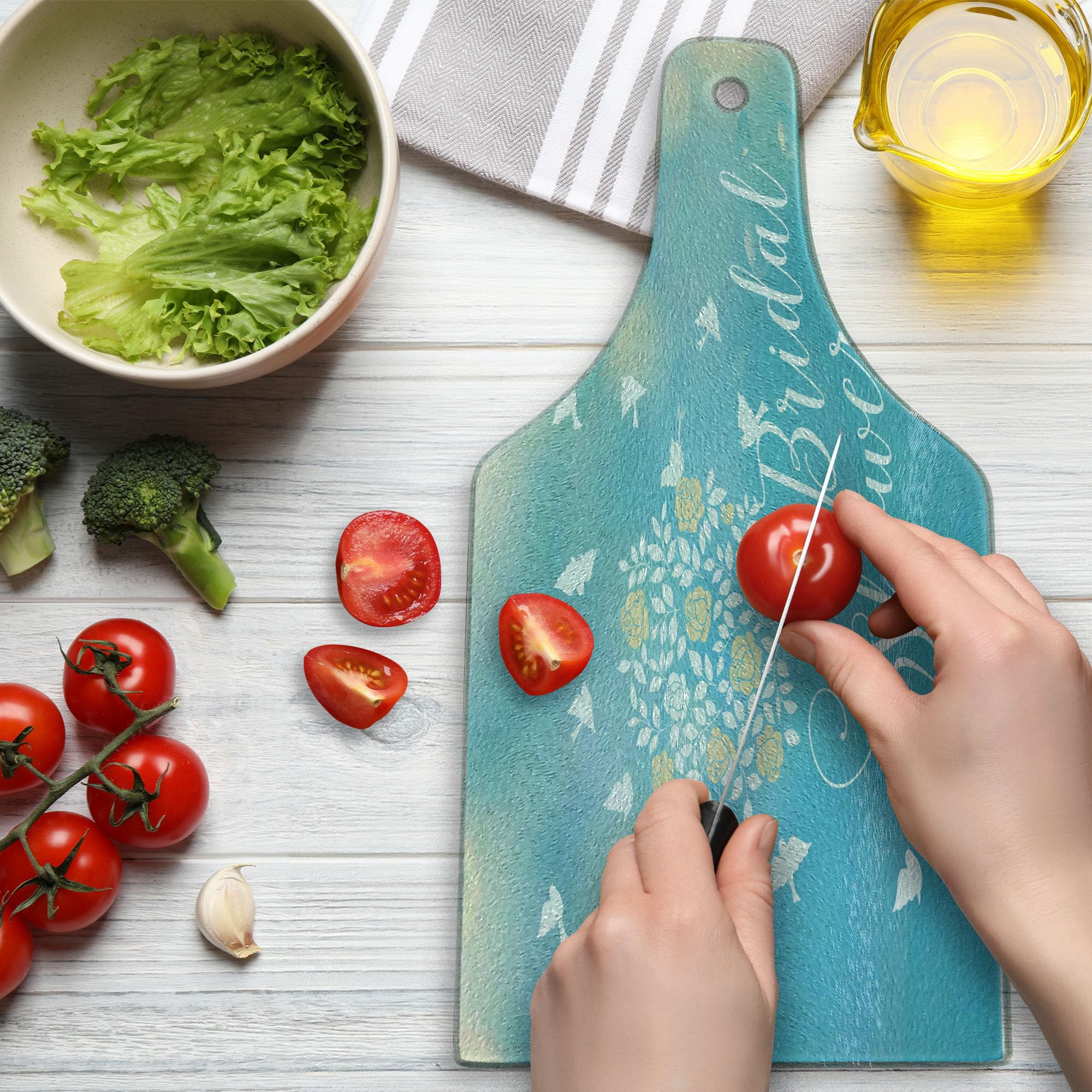 Ambesonne Wine Bottle Shaped Tempered Glass Cutting Board - Sunny Summer Sky with Birds & Flowers Design - Bridal Shower, Wedding Party Serving Board - Sky Blue, Cream & White - Perfect for Cheese Platters, Charcuterie & Wedding Gifts