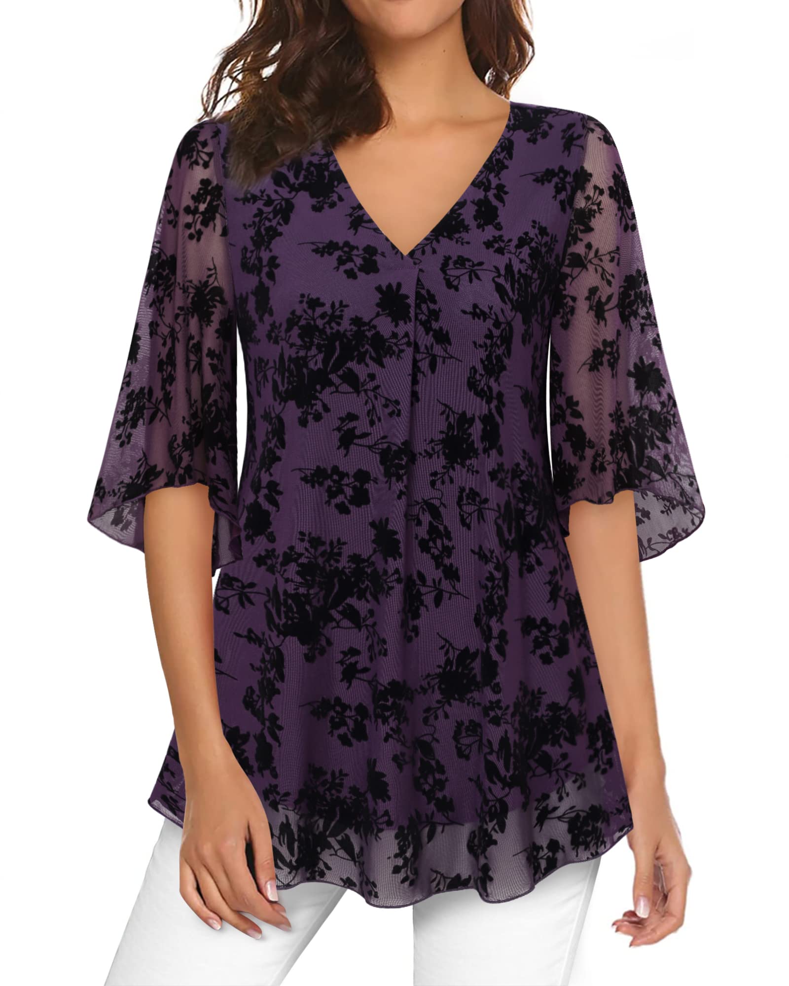 Bebonnie Women's Floral Mesh Bell Sleeve V-Neck Blouse - Elegant Flowy Dressy Top for Party, Date Night & Office Wear