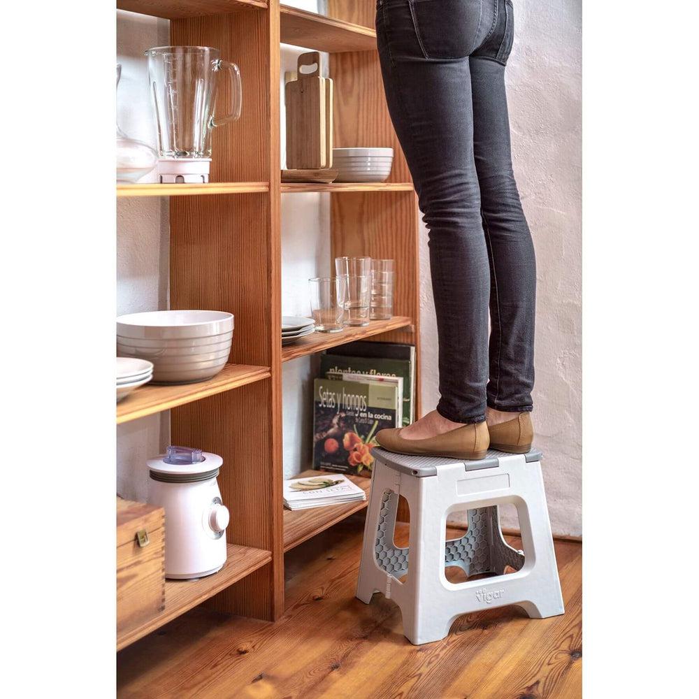 Vigar 32cm Compact Folding Step Stool - Lightweight & Portable Grey Step Ladder for Home, Kitchen, Bathroom, Kids & Seniors - Non-Slip Safety Stool for Reaching High Shelves & Storage