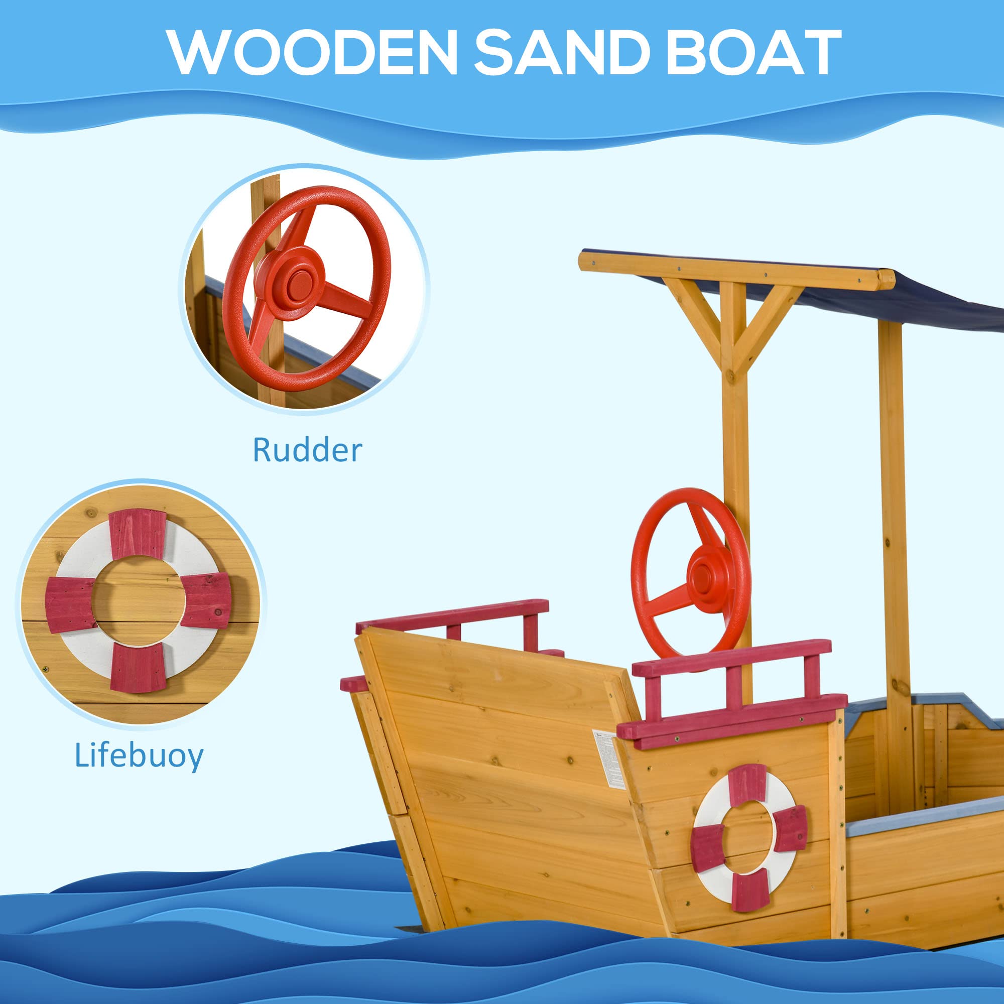 Outsunny Pirate Ship Sandbox with Cover & Rudder - Wooden Outdoor Sandbox with Storage Bench & Seat - Kids Sand Play Toy for Ages 3-8 - Perfect for Backyard, Garden & Playground Fun
