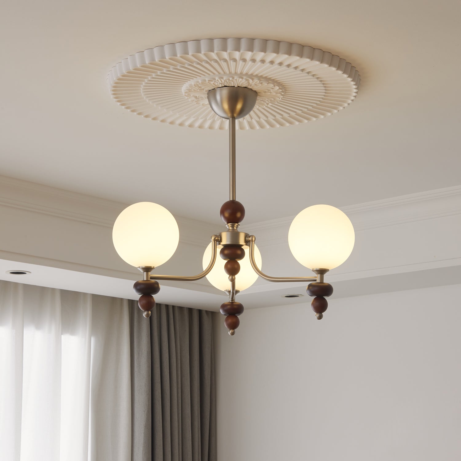 Celestial Sphere Walnut Wood Chandelier - Elegant Handcrafted Lighting Fixture for Dining Room, Bedroom, or Living Room Decor