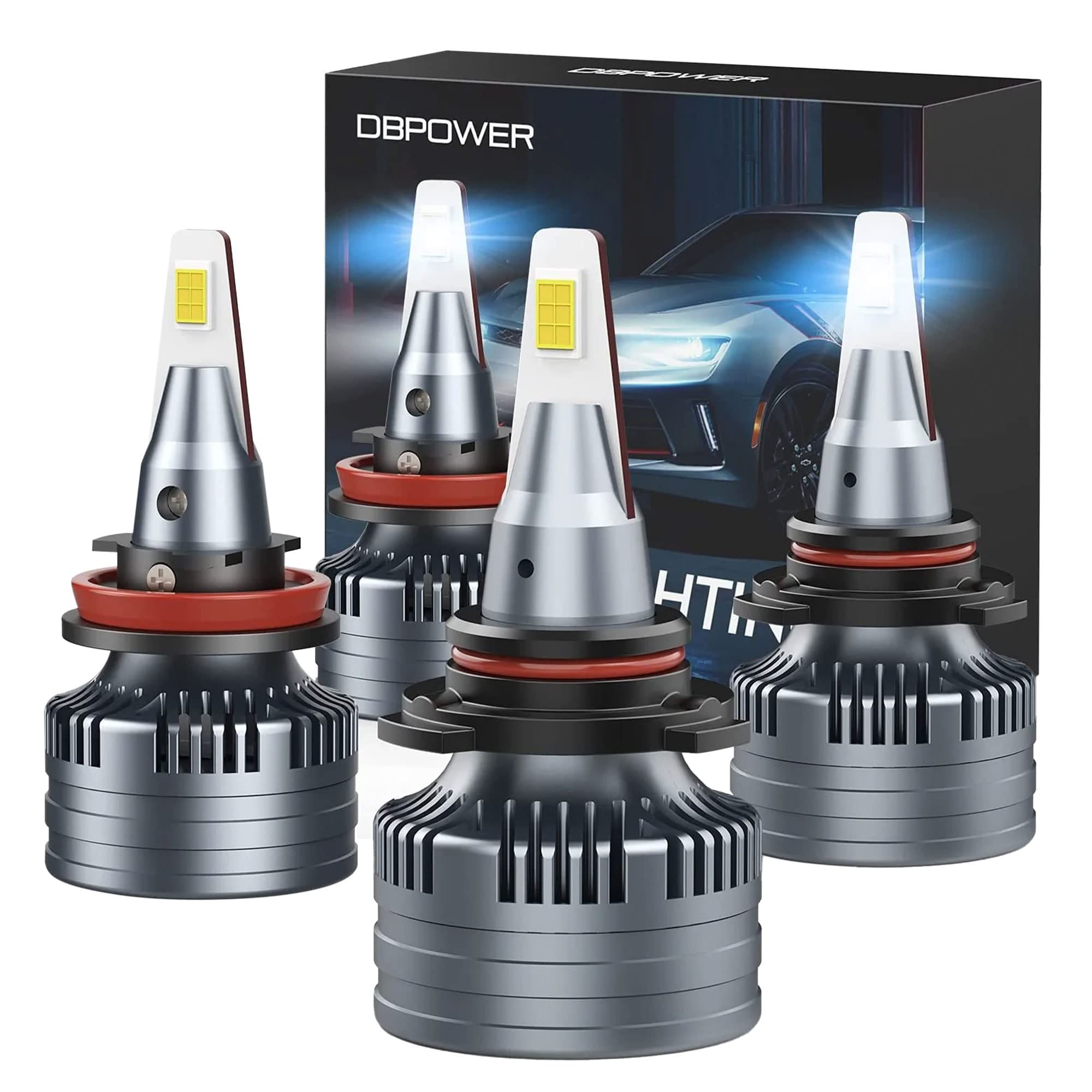 DBPOWER H11 H9 H8 Low Beam & 9005 HB3 High Beam LED Headlight Bulbs - 140W 22000LM Conversion Kit with Cooling Fan, 6500K Cool White IP68 Waterproof - Plug & Play Replacement for Cars, Trucks, SUVs (Pack of 4) - Perfect for Night Driving and Off-Road Adventures