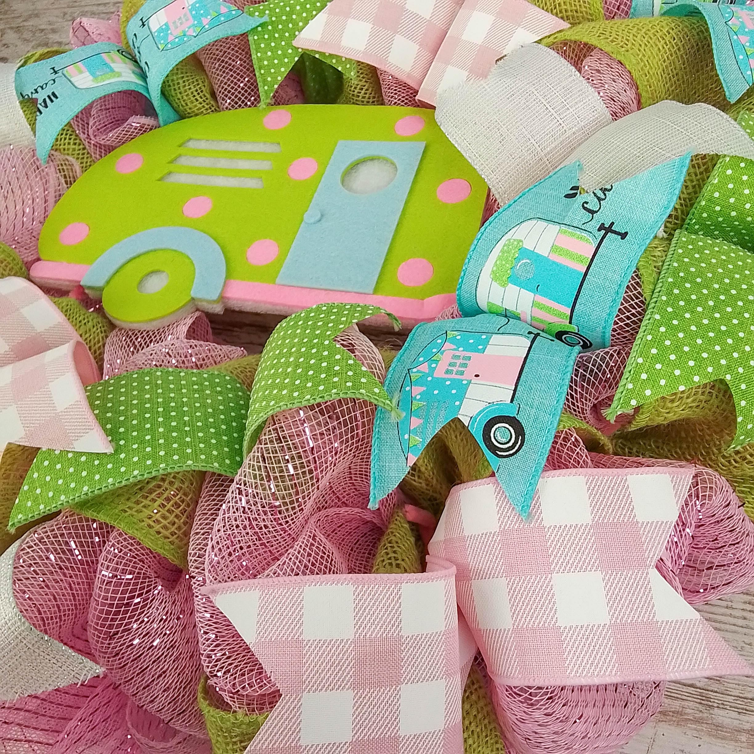 Camping Wreath - Decorative Mesh Wreath for Spring & Summer - Pink, Turquoise & Lime Green - Perfect for RV, Cabin & Outdoor Welcome Decor