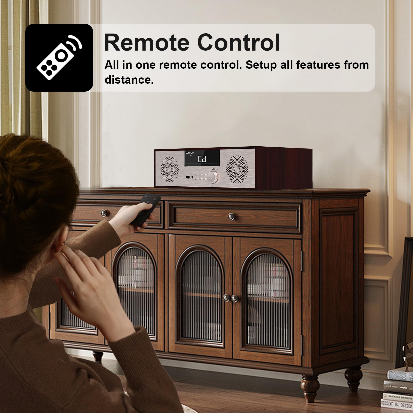 LONPOO 40W Home Stereo System with CD Player, Bluetooth Speakers, USB Playback, FM Radio, Aux & Earphone Port - Perfect for Living Room Music & Home Theater Audio (816-GOLD)