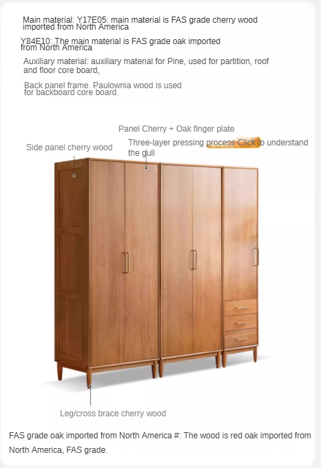 Solid Oak and Cherry Wood Wardrobe - Elegant and Durable Closet for Bedroom, Living Room, or Walk-In Closet Storage