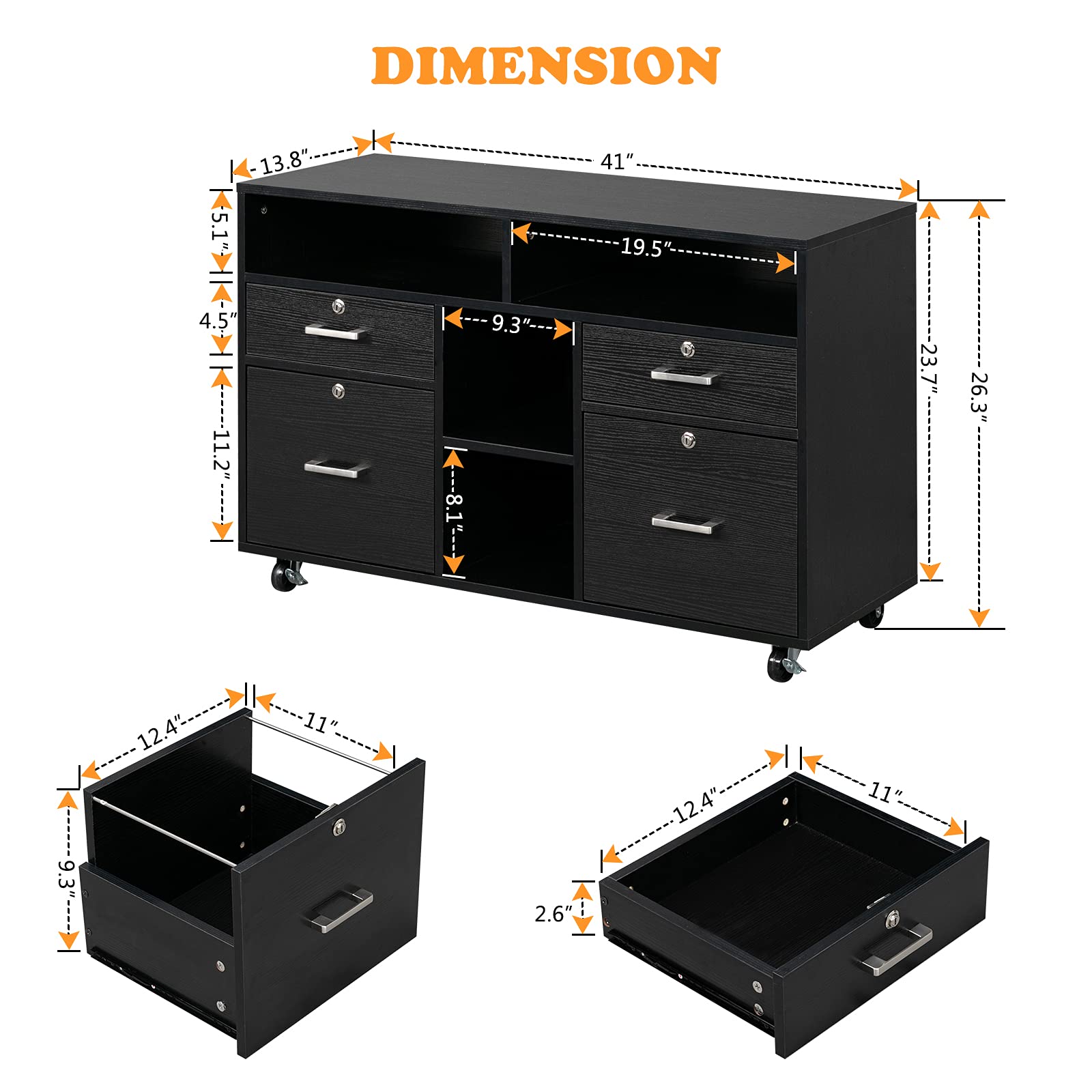 VINGLI 4-Drawer Wooden Mobile File Cabinet with Shelves - Locking Lateral Office Organizer, Printer Stand with Open Storage for Home & Office - Black | Perfect for Document Storage, Workspace Organization & Home Office Furniture